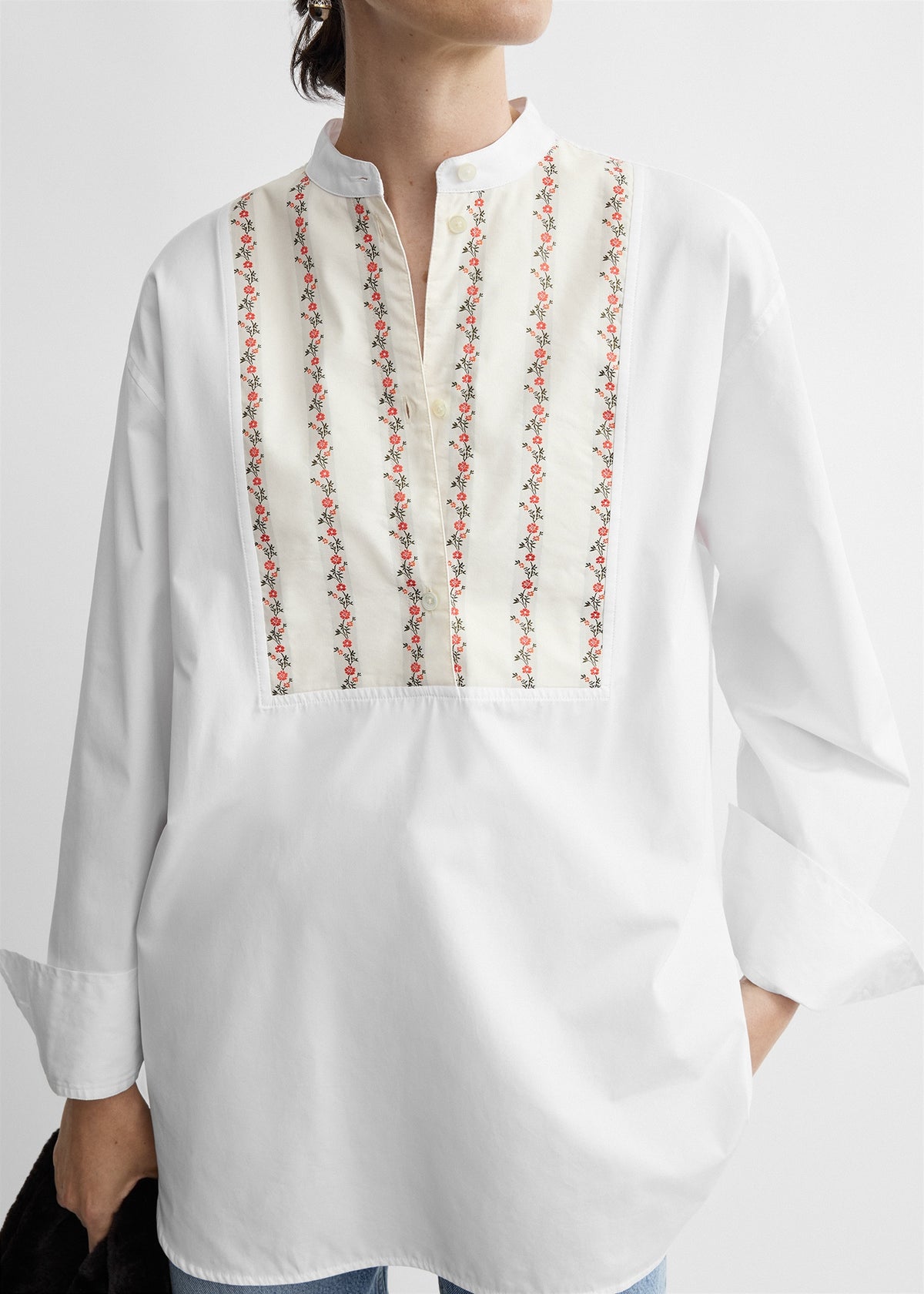 Floral bib tuxedo shirt white