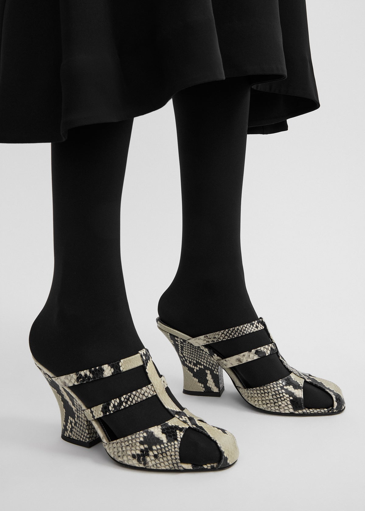 Cutout python-embossed mules black/ecru