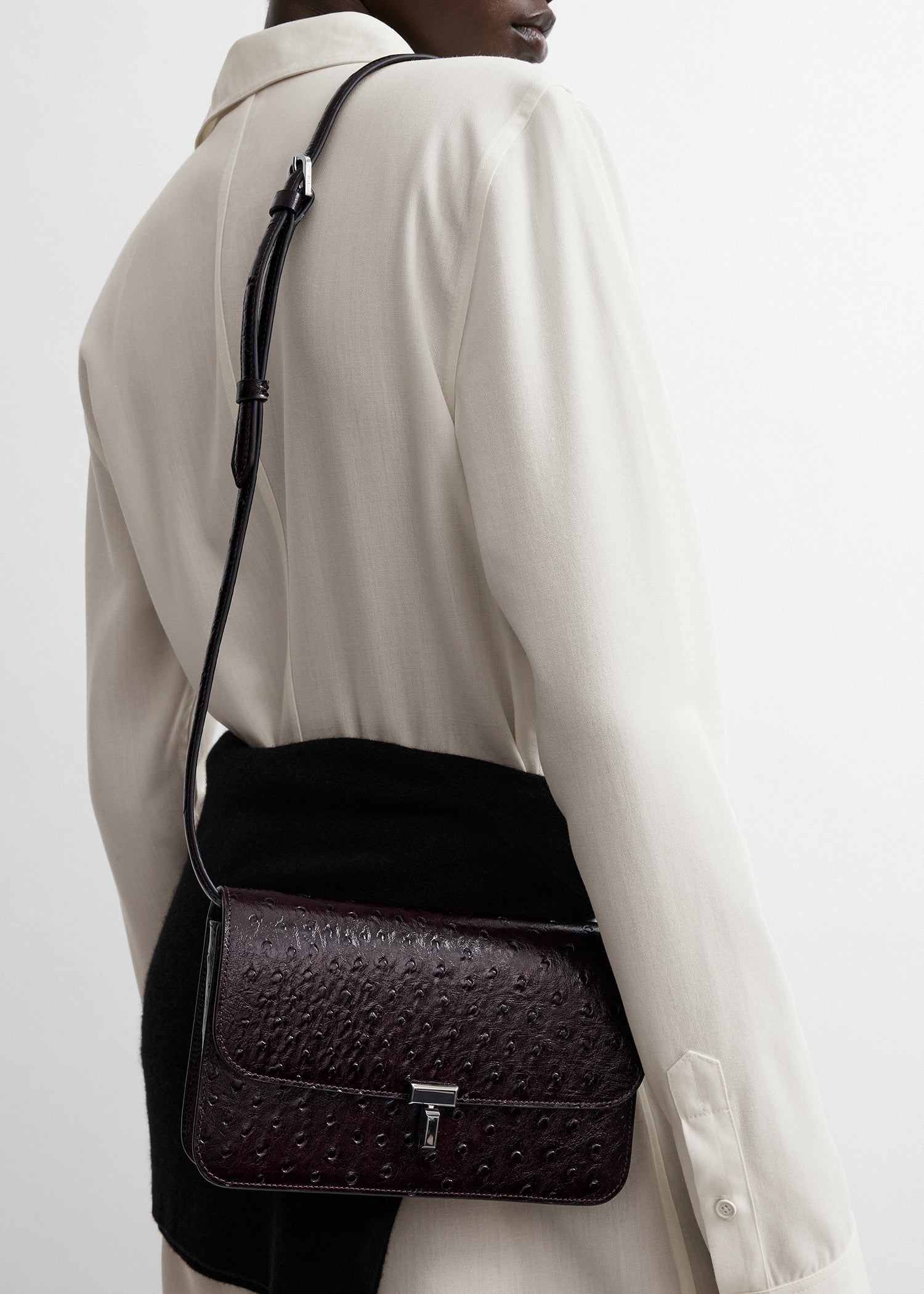 T-lock ostrich-embossed crossbody bordeaux