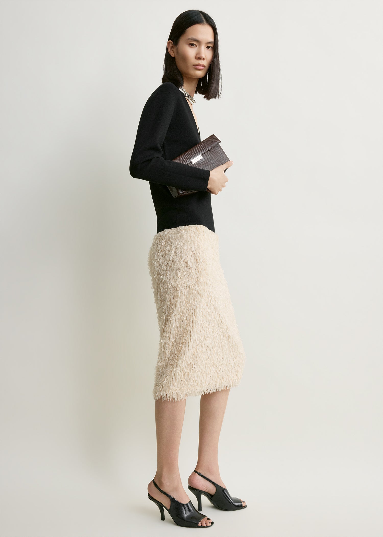 Feathered-jersey skirt eggshell