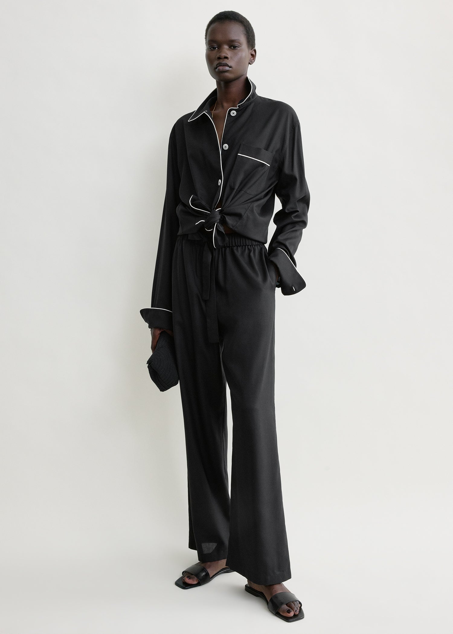 Piped silk trousers black