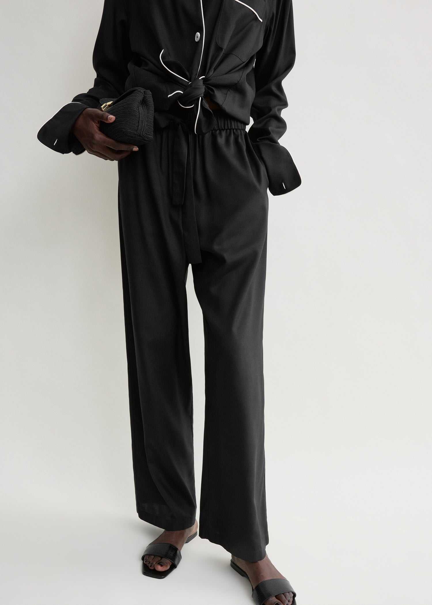 Piped silk trousers black