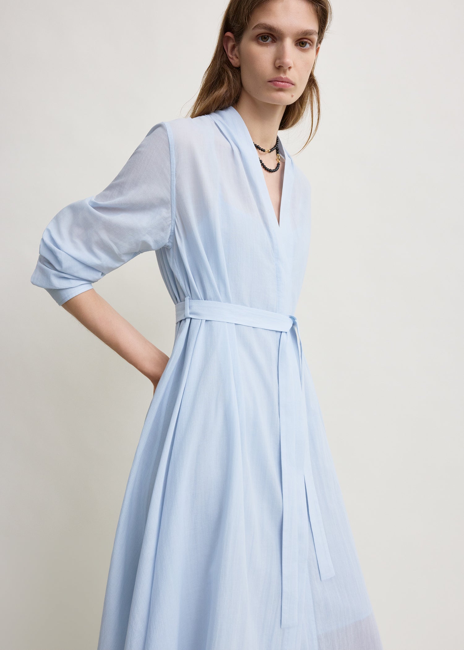 Belted cotton voile dress sky