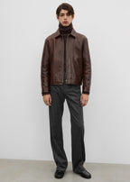 Zip leather jacket brown