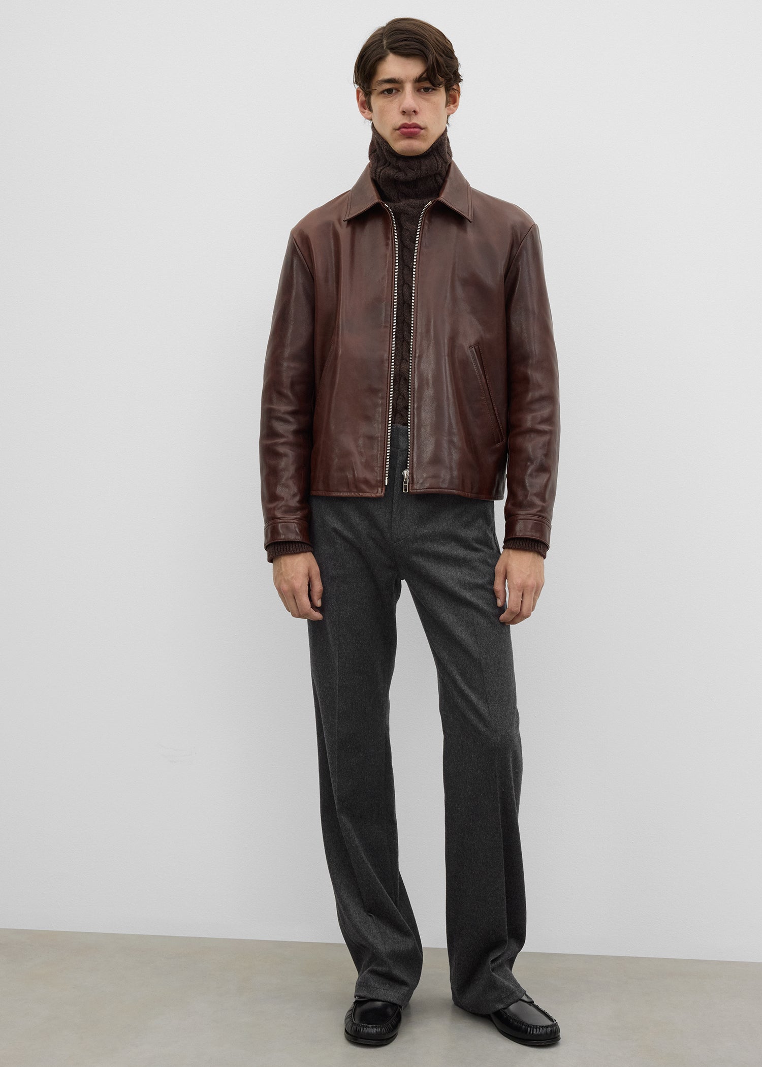 Zip leather jacket brown