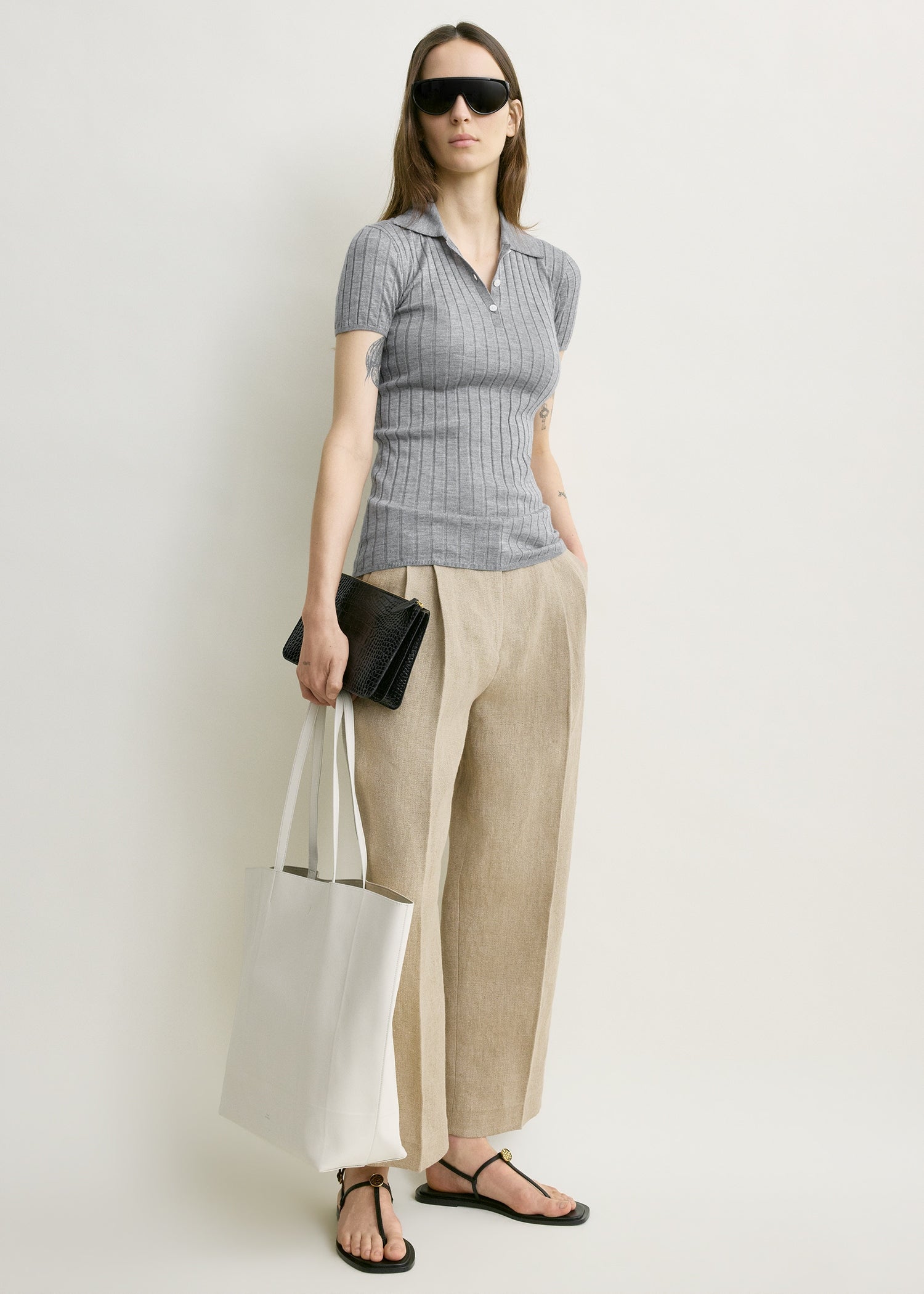 Ribbed cashmere silk polo grey melange