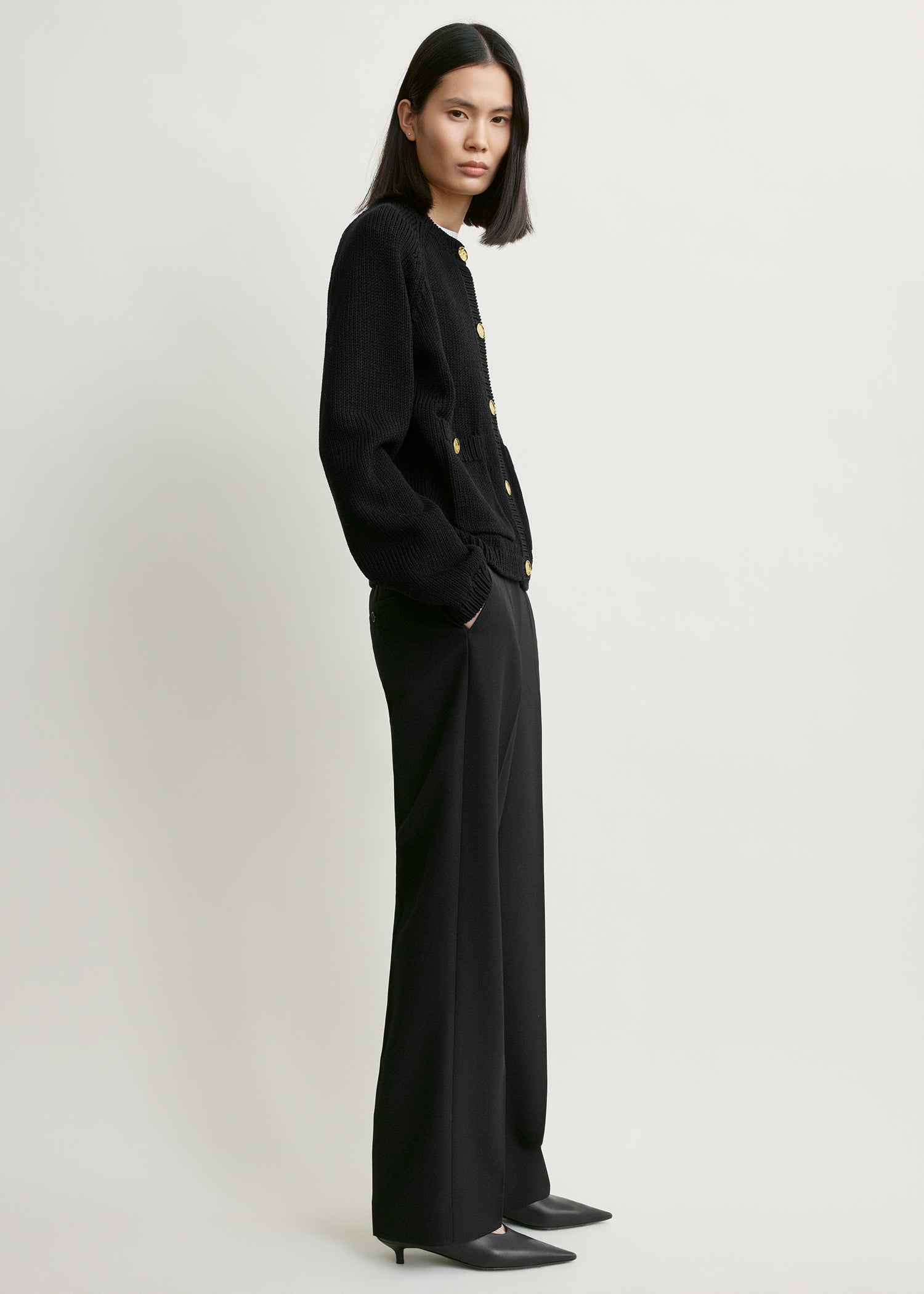 Hammered button cotton cardigan black
