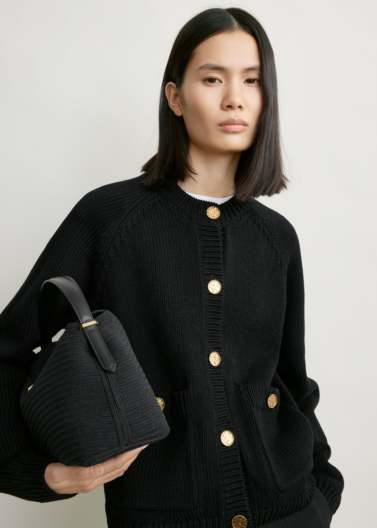 Hammered button cotton cardigan black