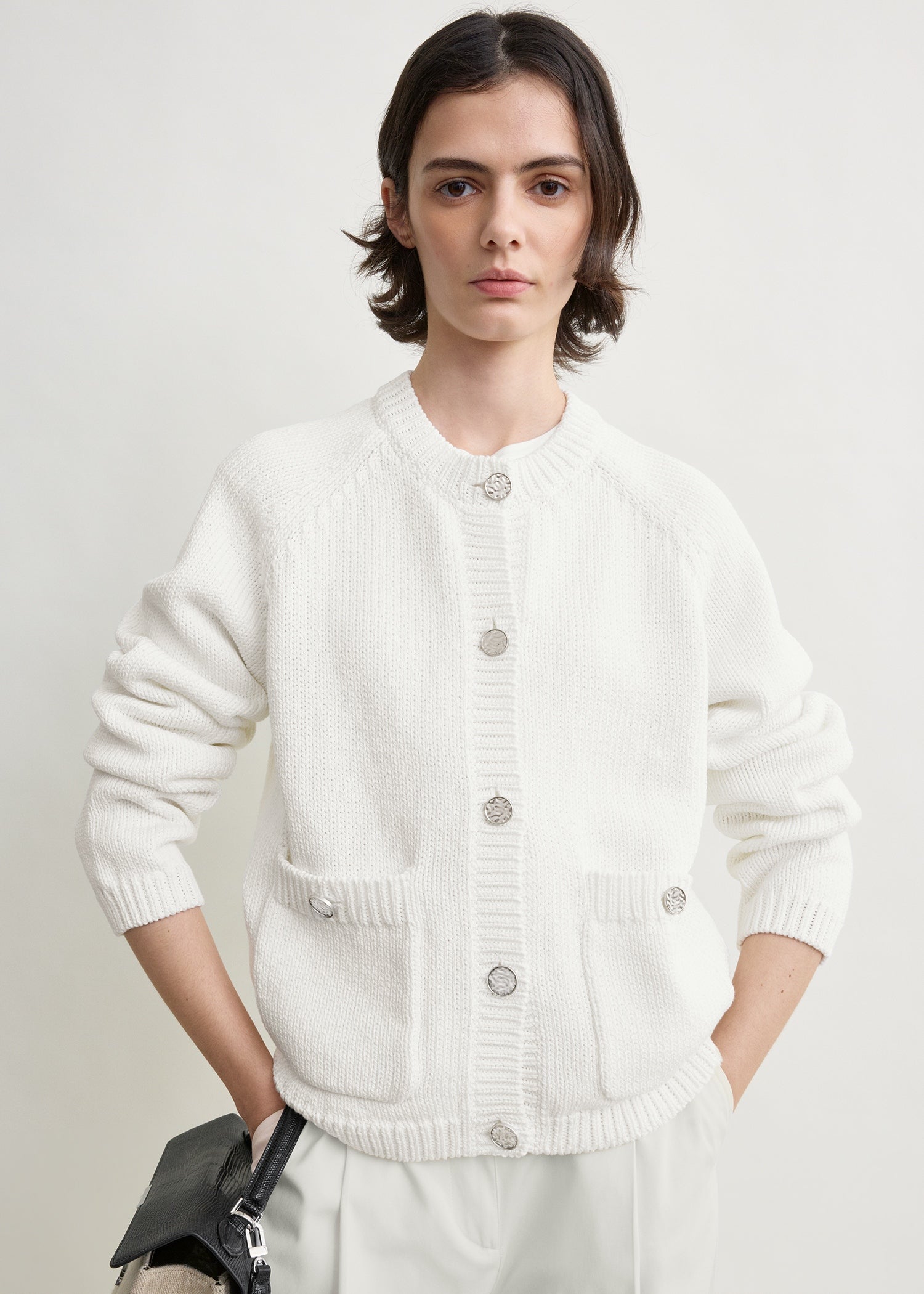 Hammered button cotton cardigan white
