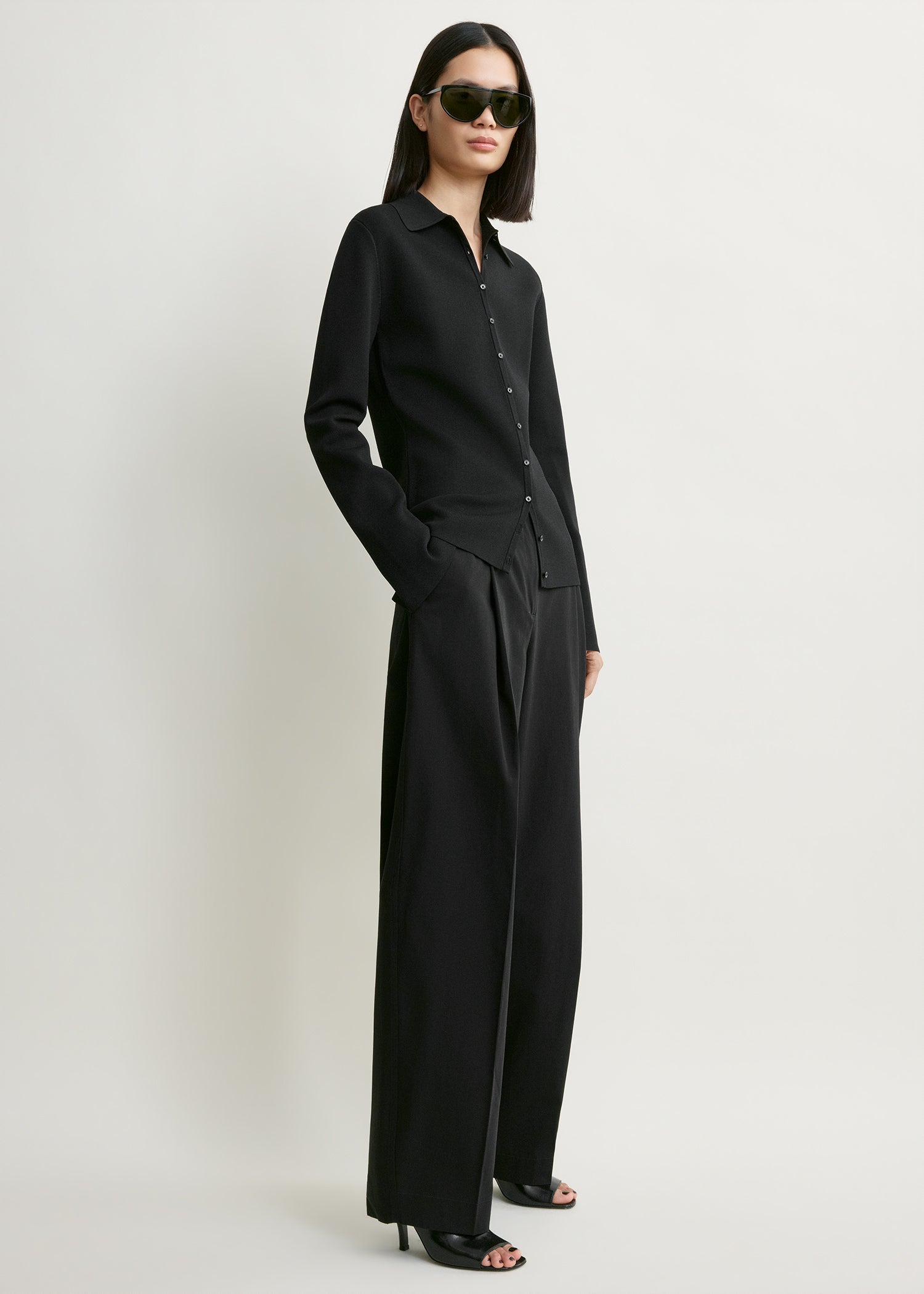 Compact knit buttoned top black