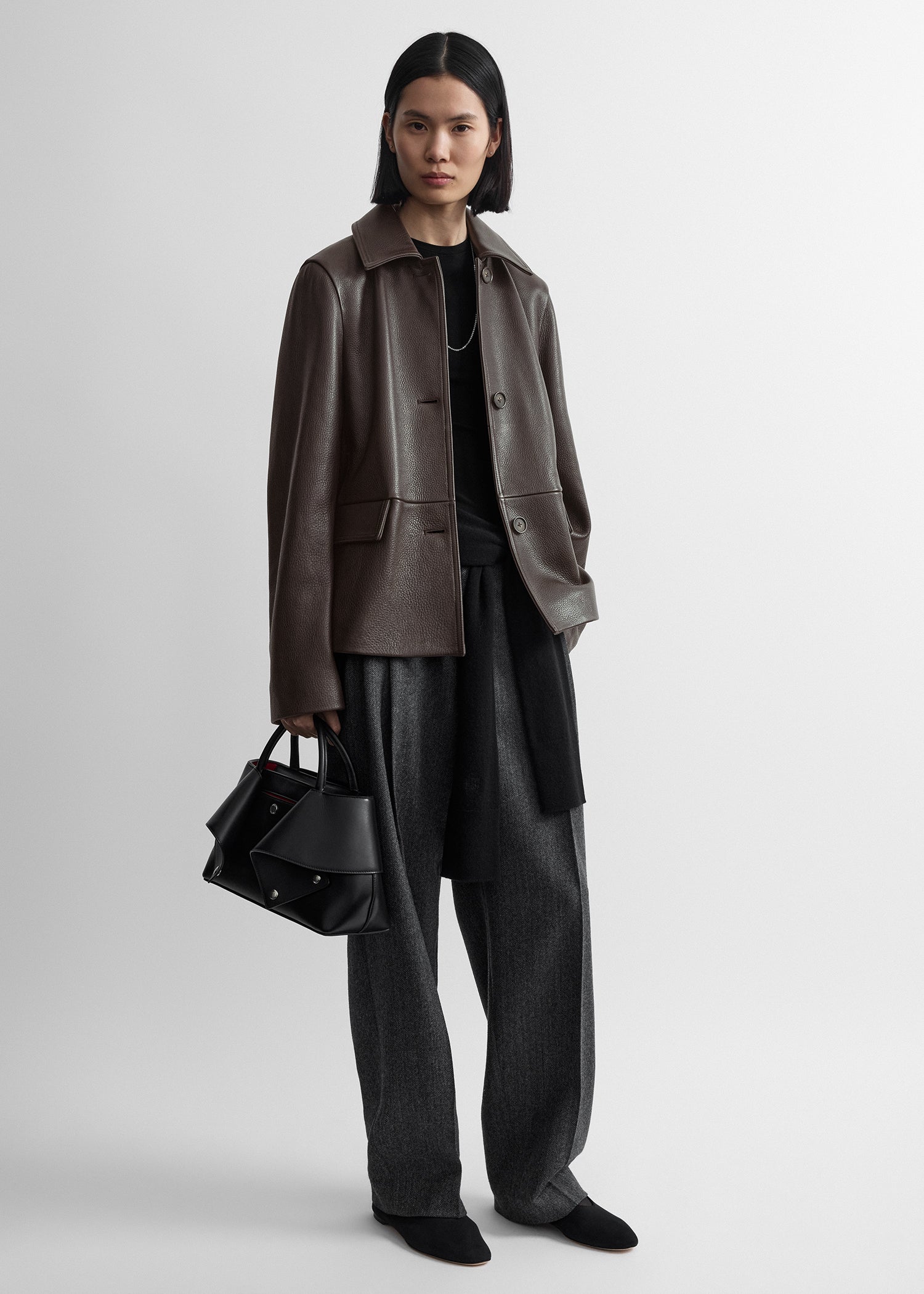Grained leather jacket dark brown