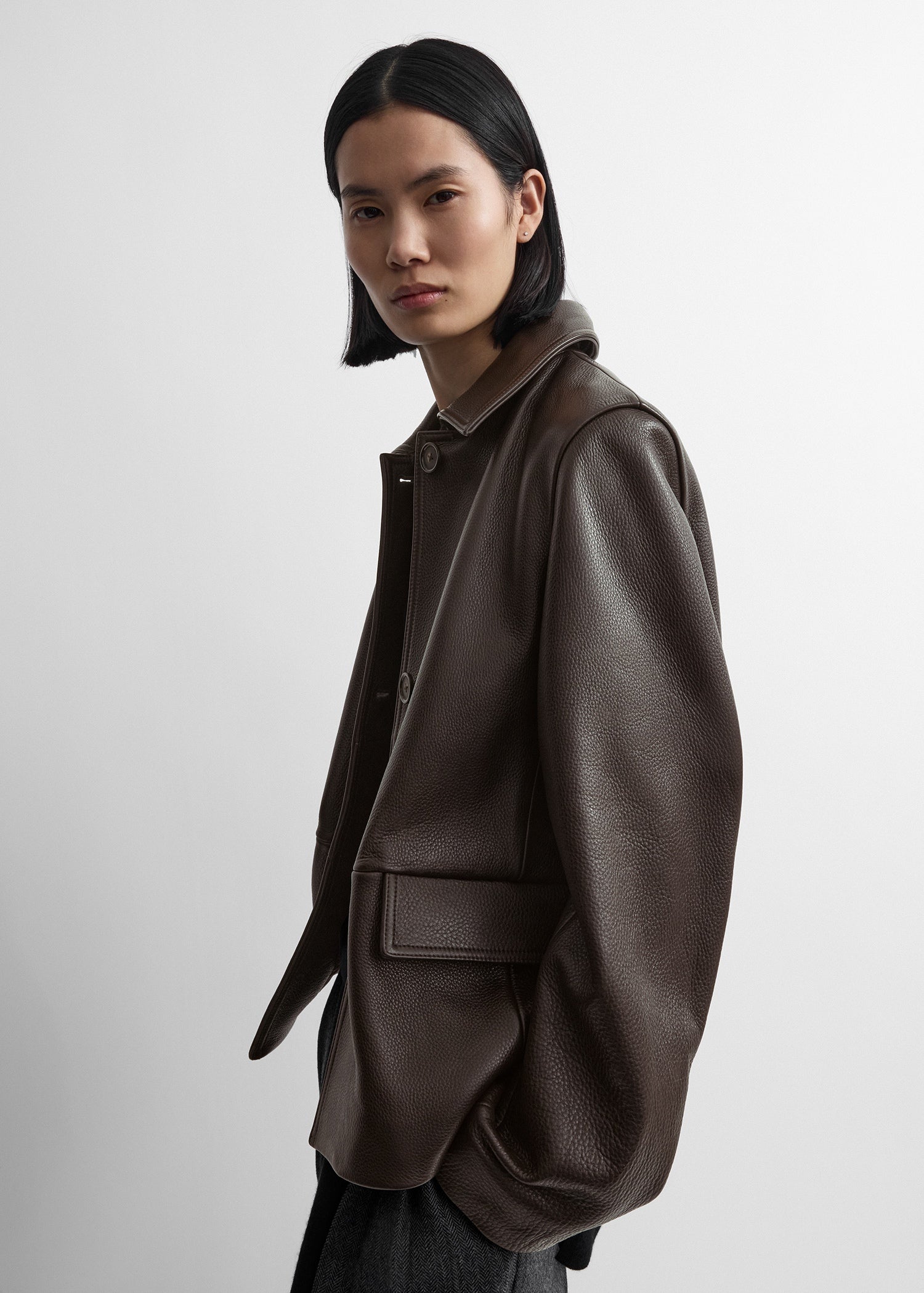 Grained leather jacket dark brown