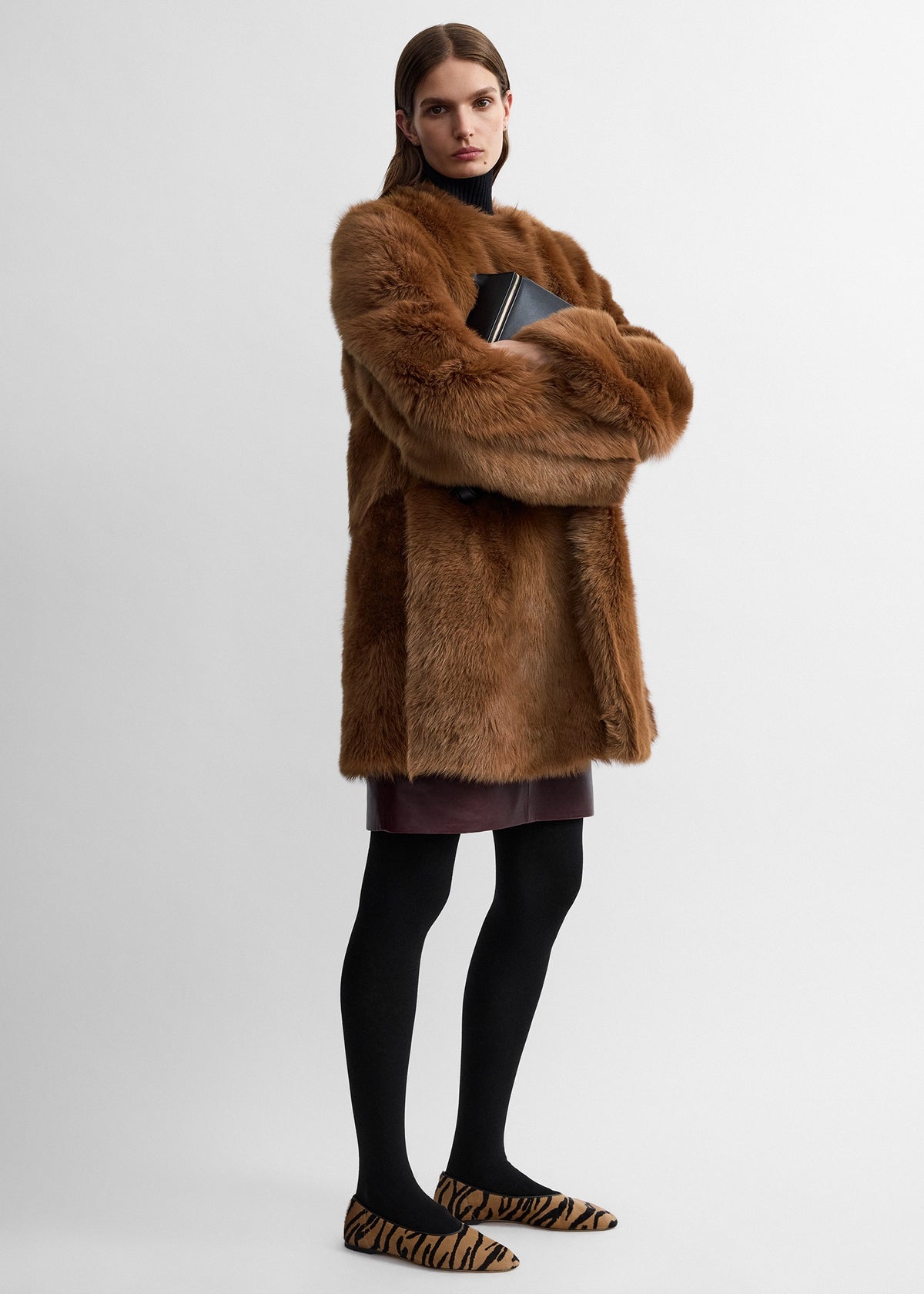 Short silky shearling coat ginger