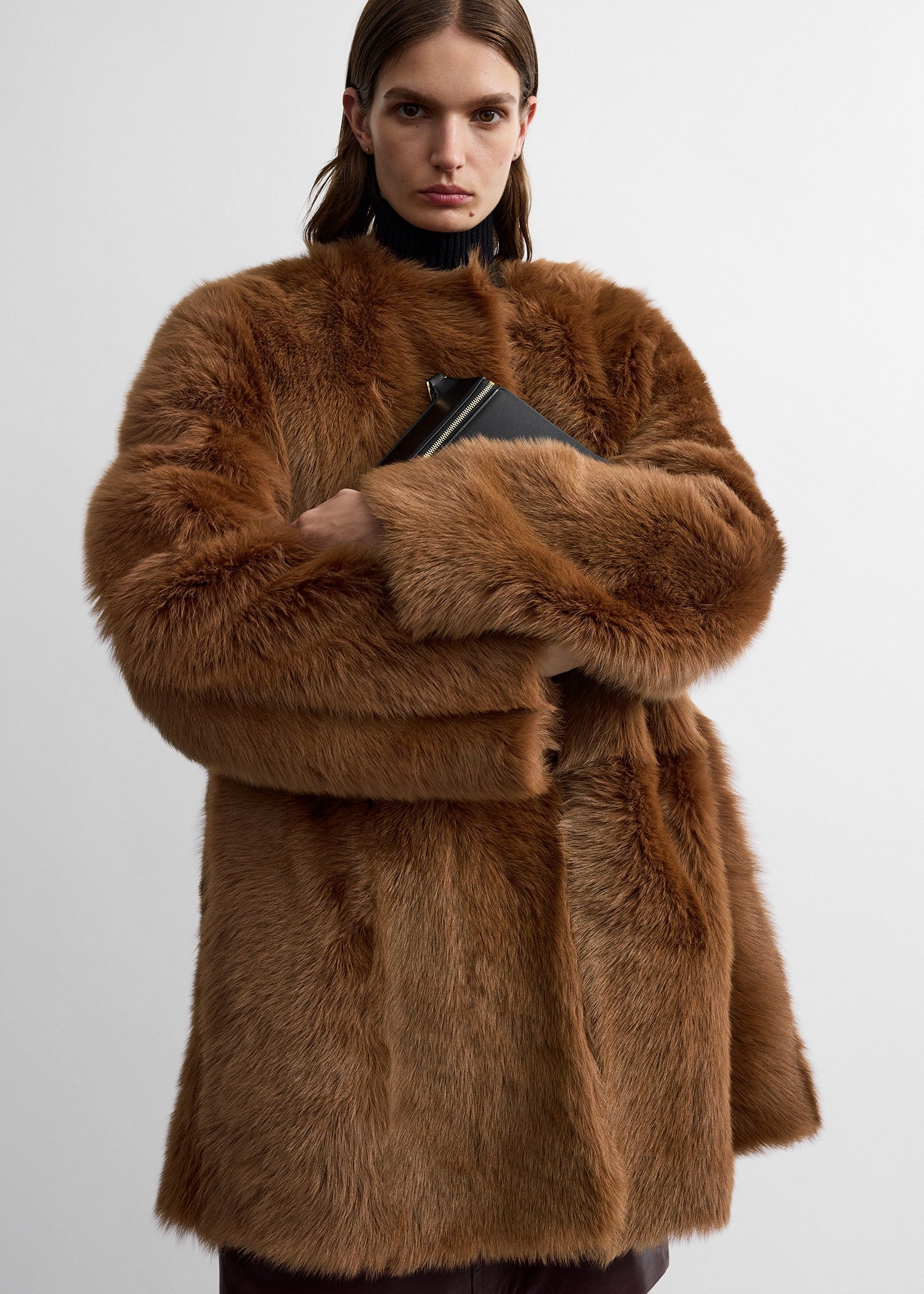 Short silky shearling coat ginger