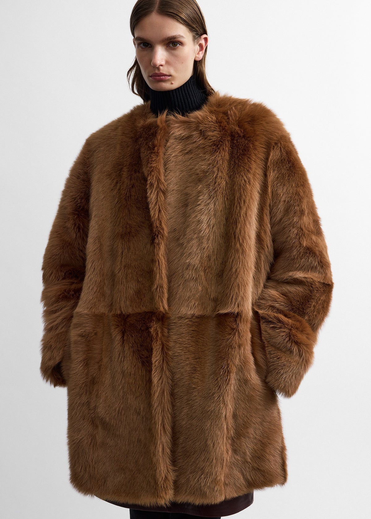 Short silky shearling coat ginger