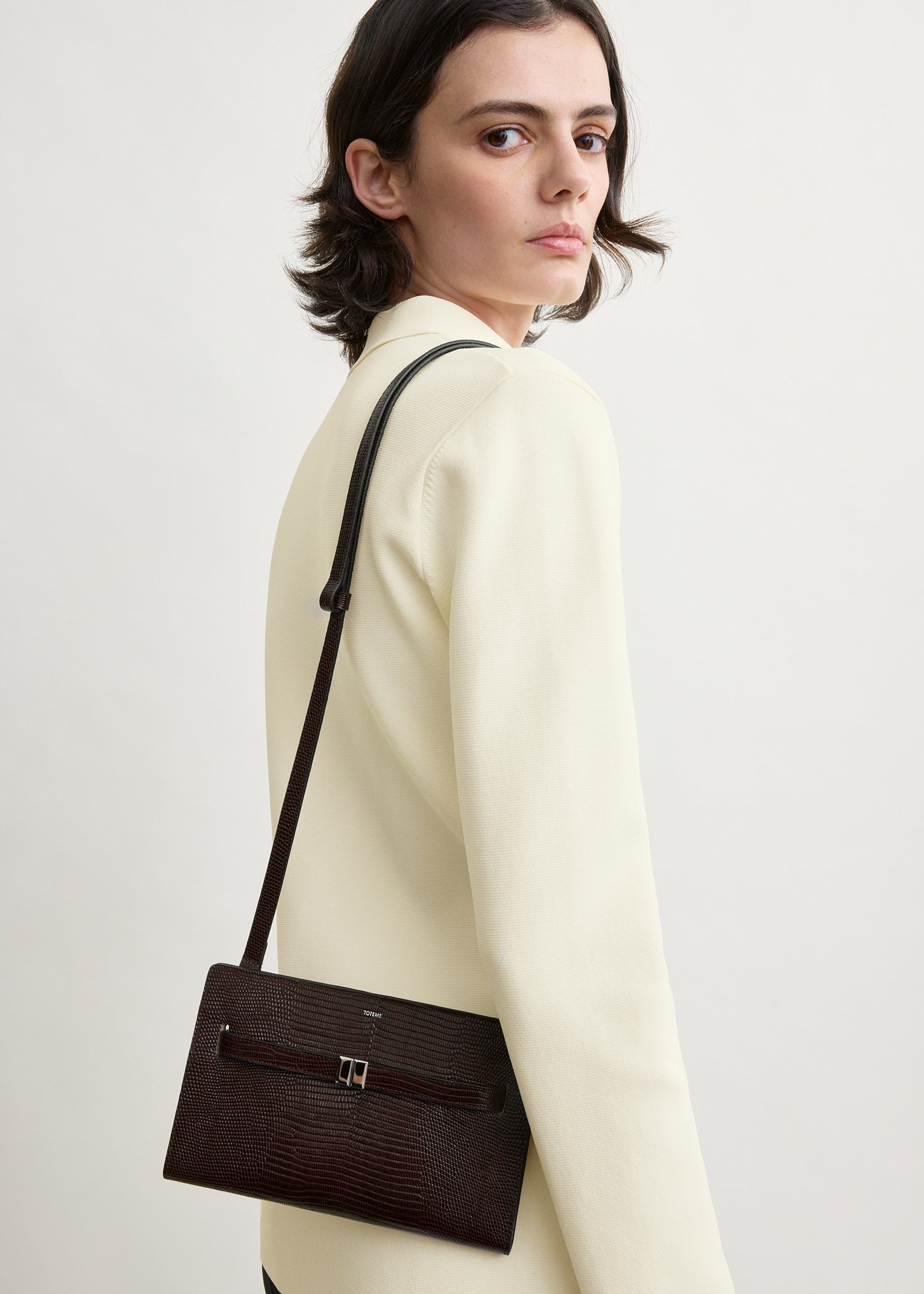 Belted lizard-embossed crossbody brown