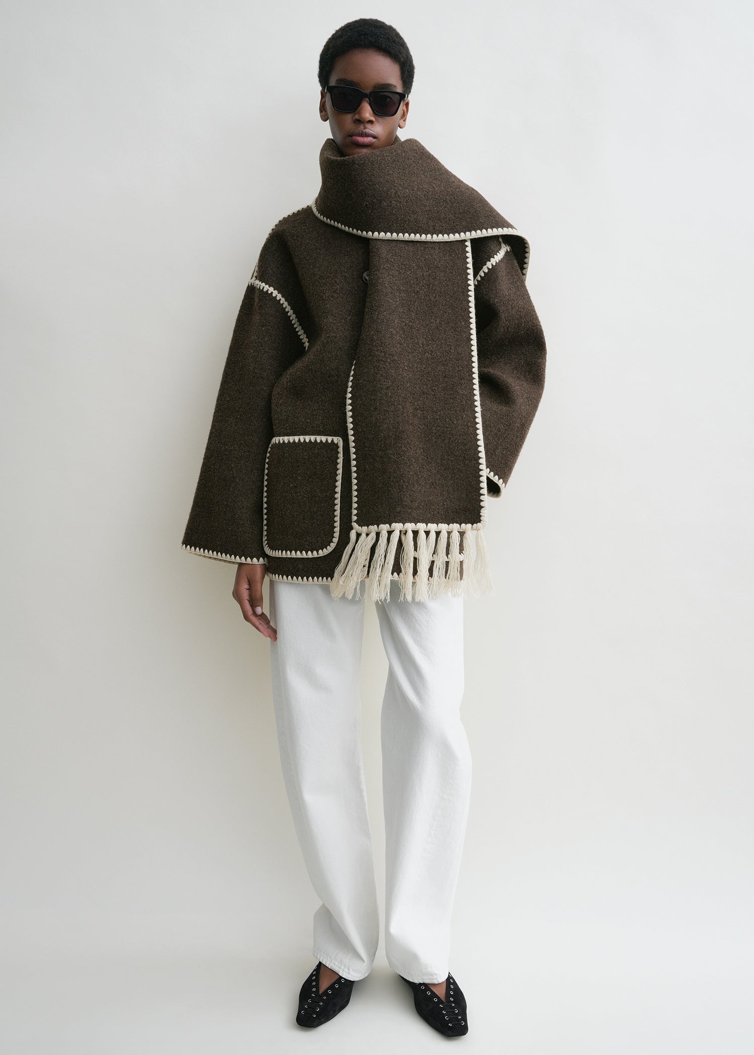 Embroidered scarf jacket chocolate melange