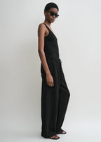 Woven stripe drawstring trousers black