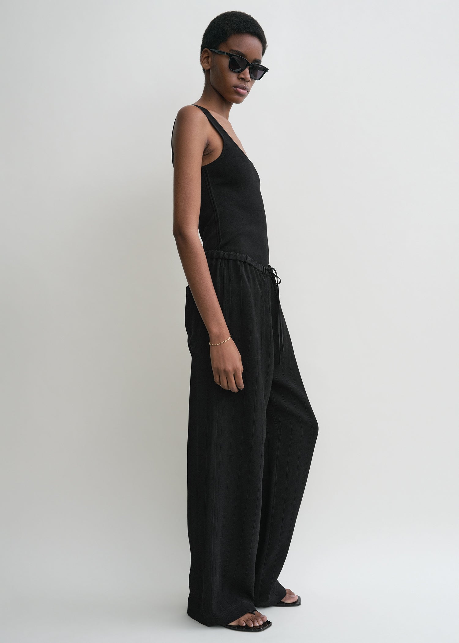 Woven stripe drawstring trousers black