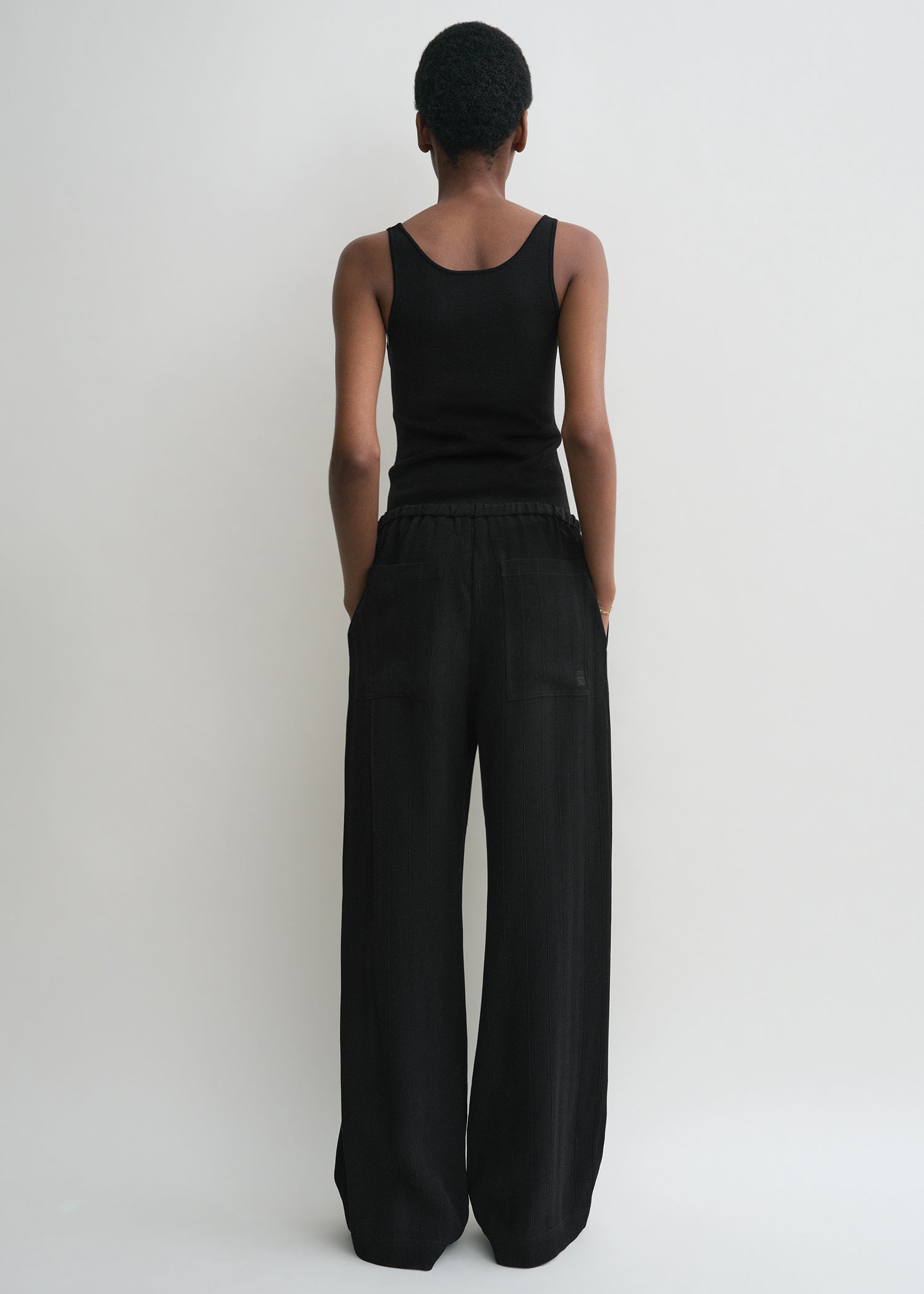 Woven stripe drawstring trousers black