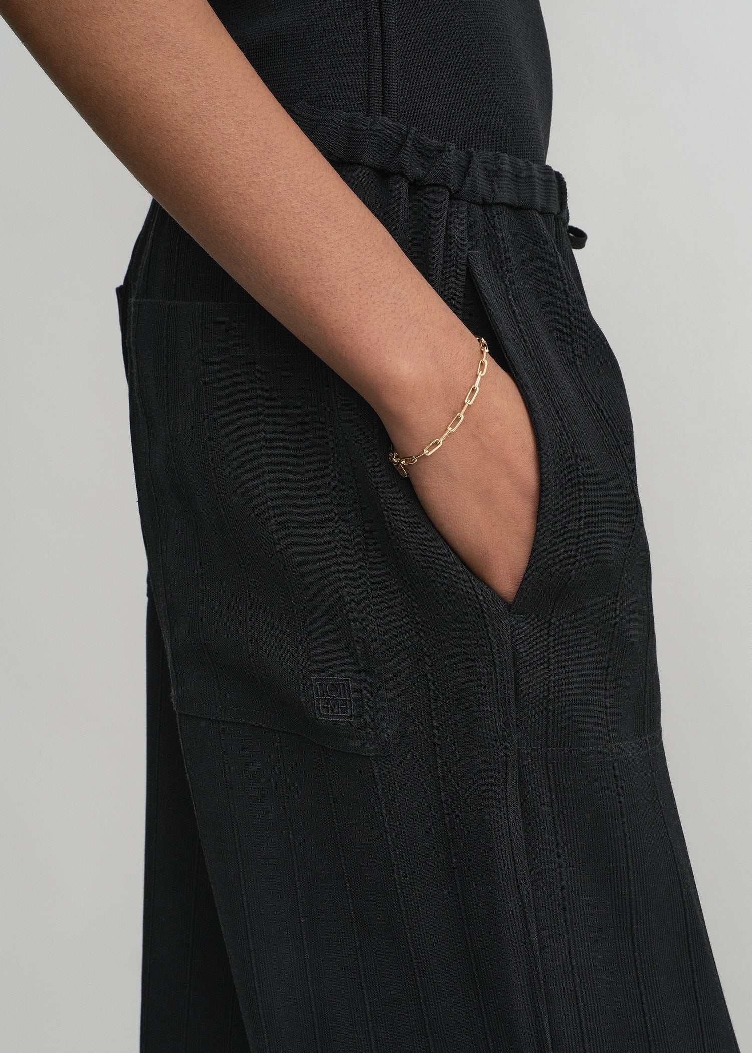 Woven stripe drawstring trousers black