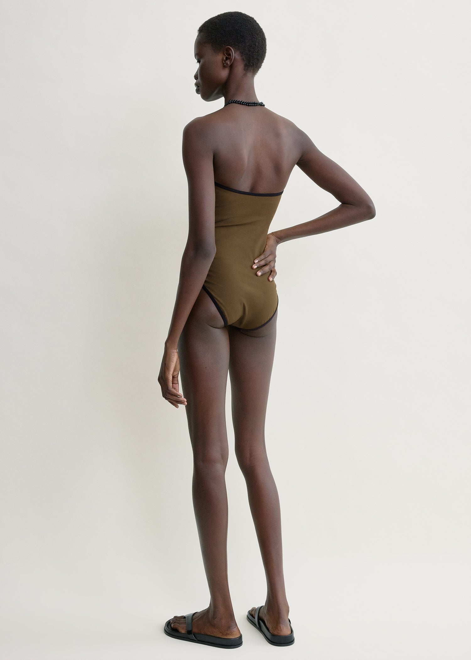 Stripe edge strapless swimsuit walnut