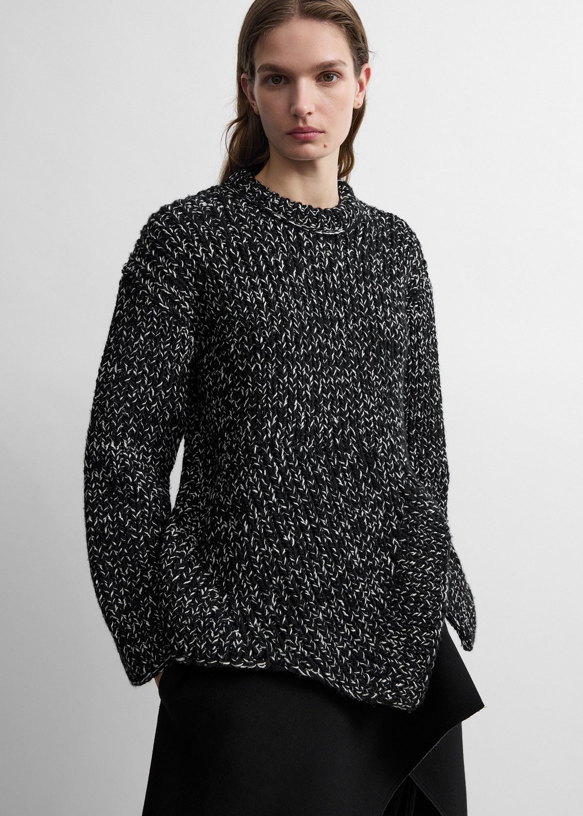 Asymmetric wool silk knit black/ecru