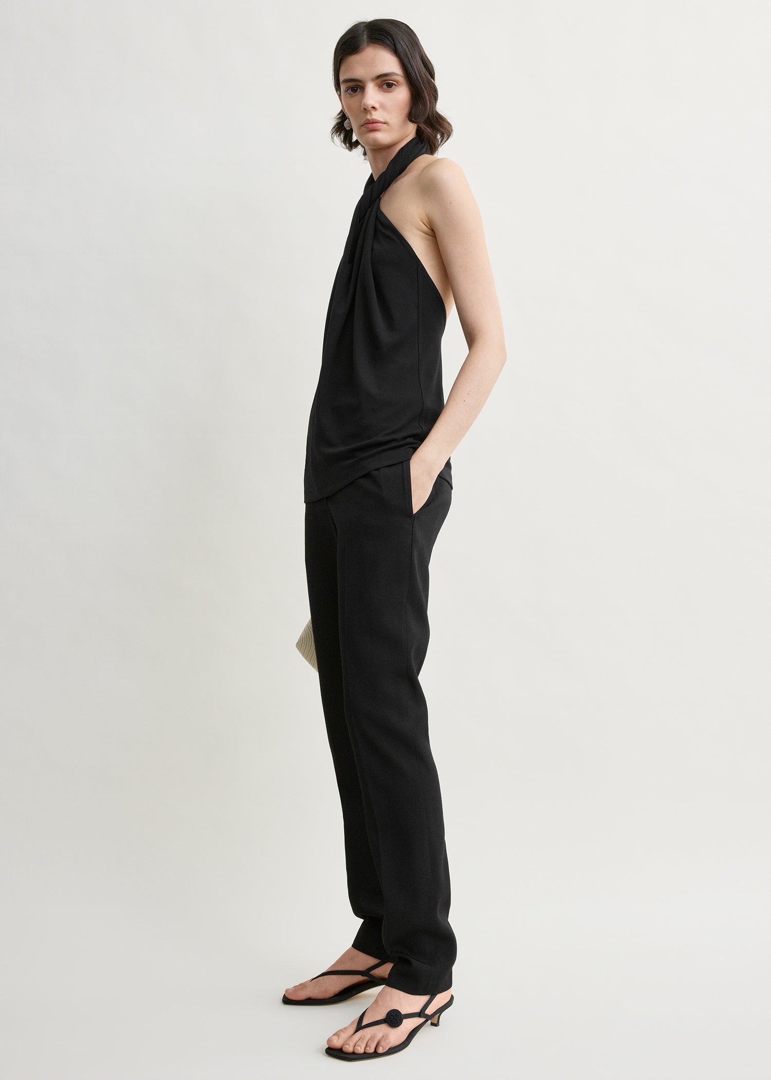 Twisted jersey halter top black
