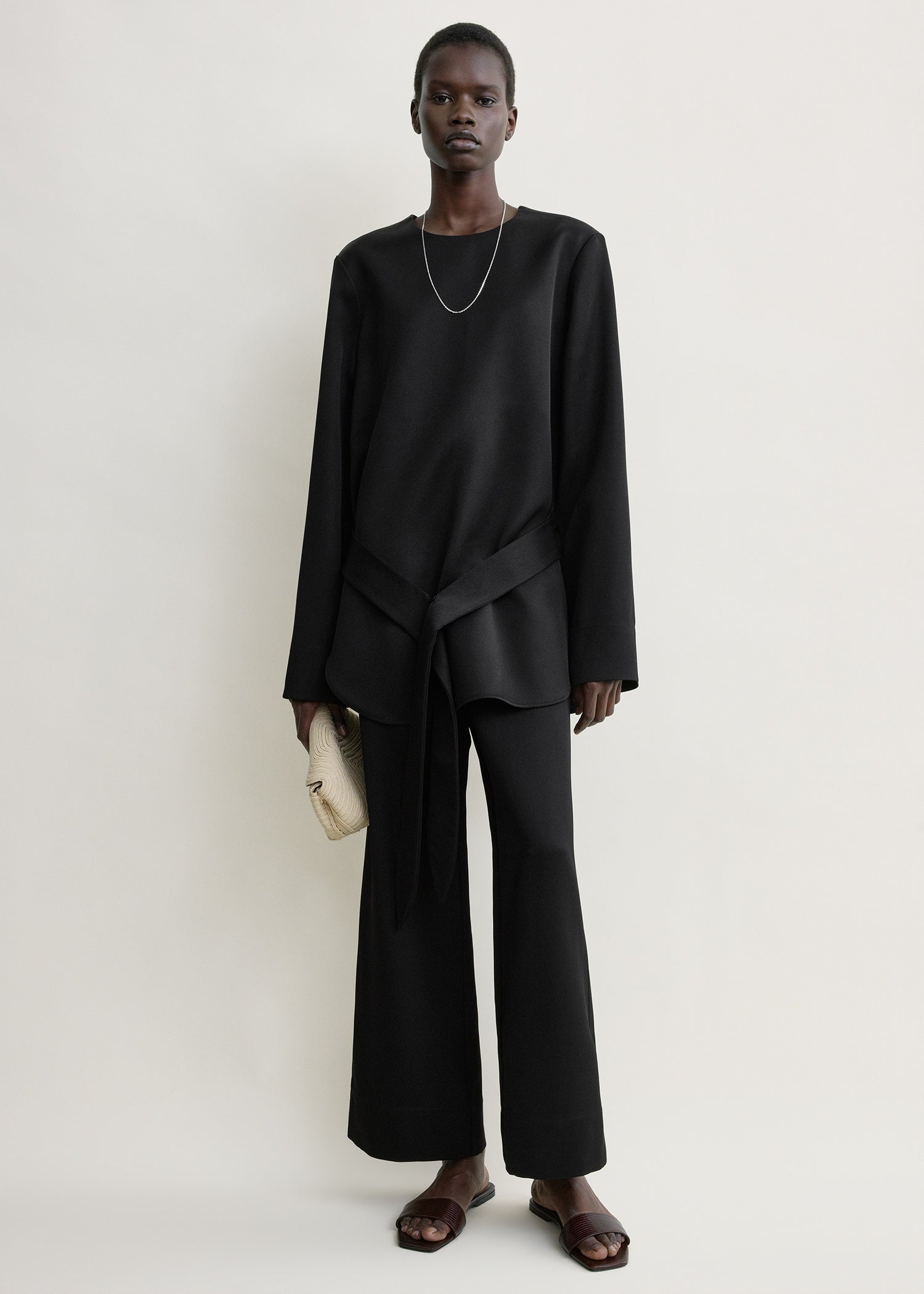 Belted satin tunic black