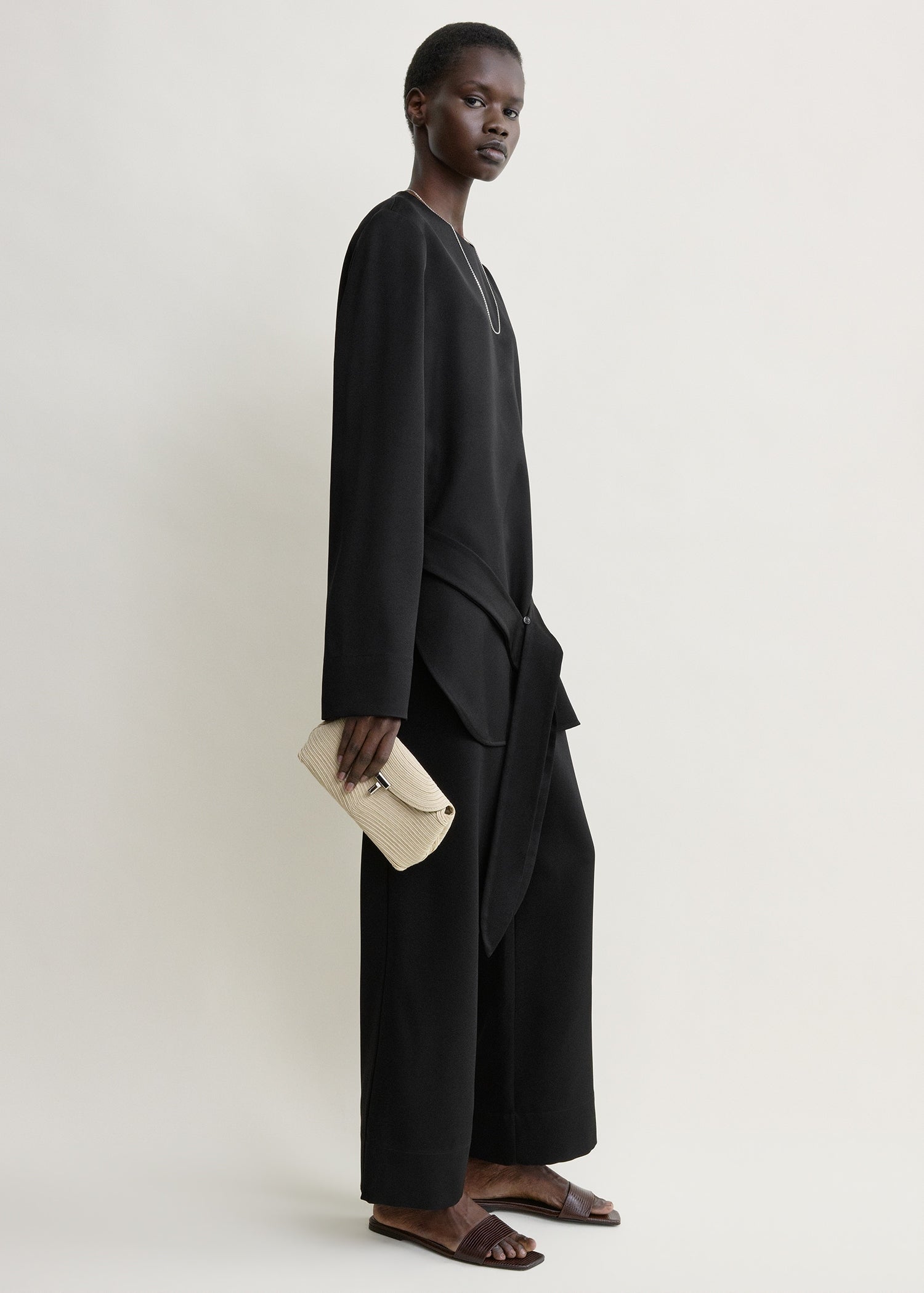 Belted satin tunic black