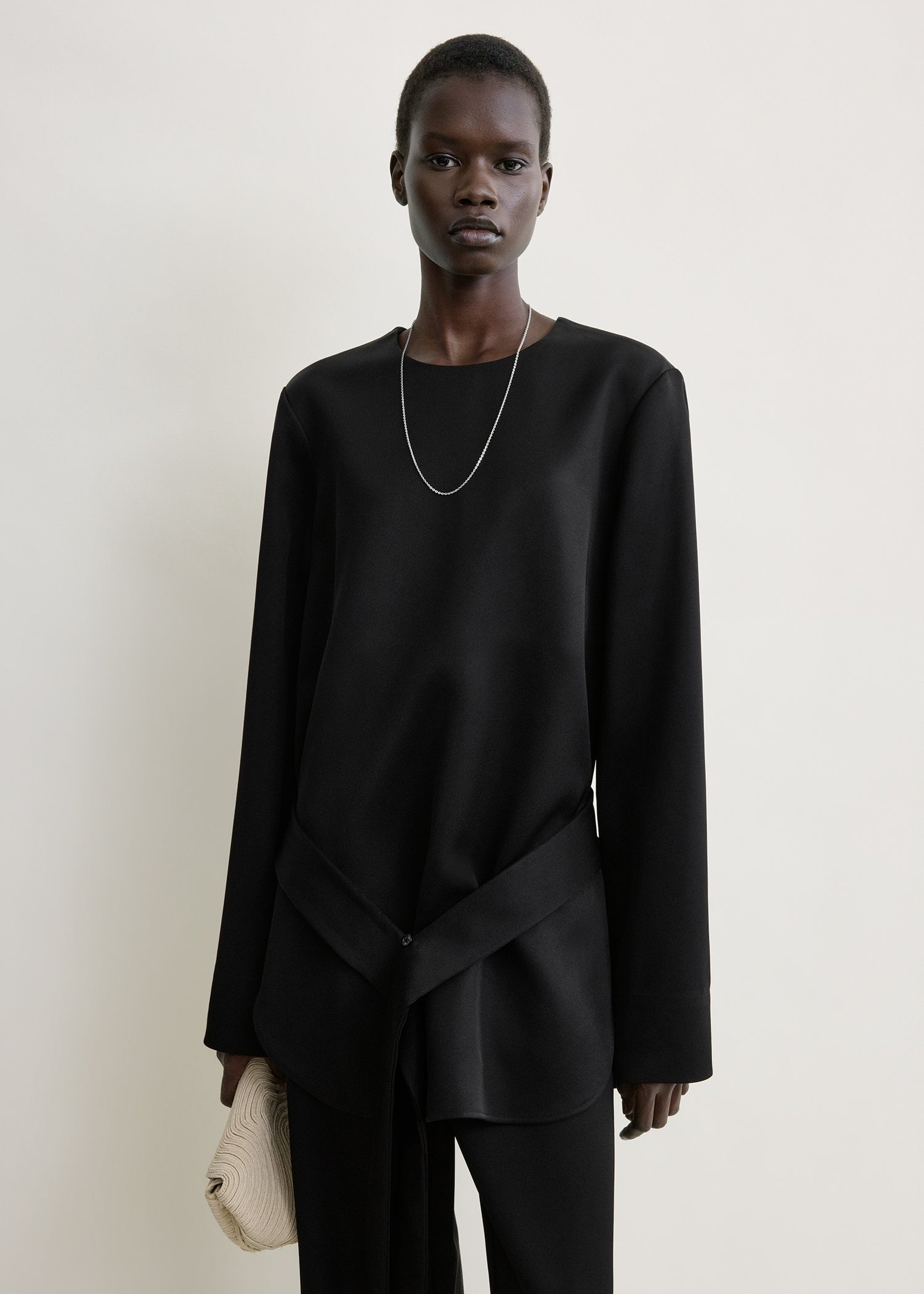 Belted satin tunic black