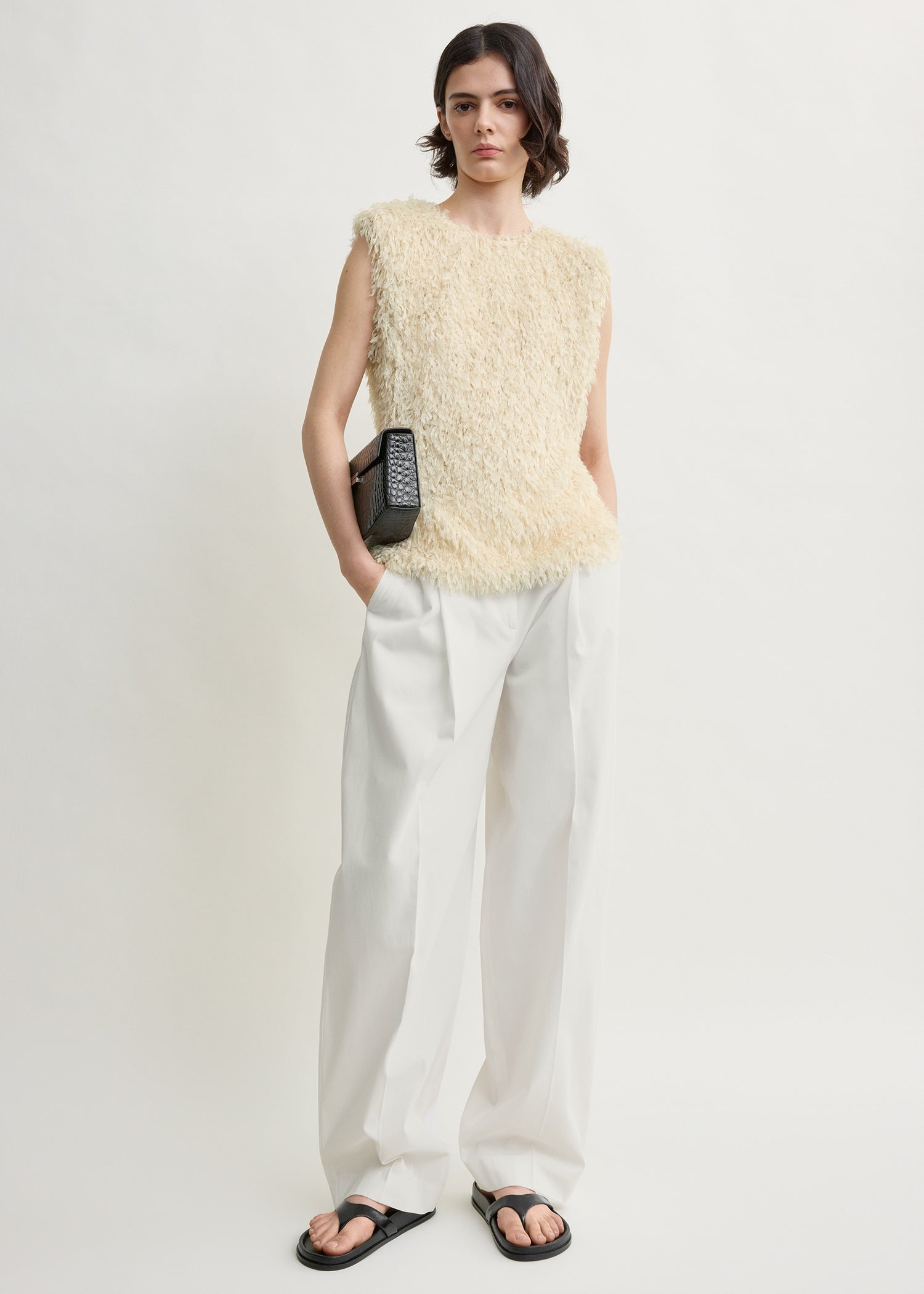 Feathered-jersey top eggshell