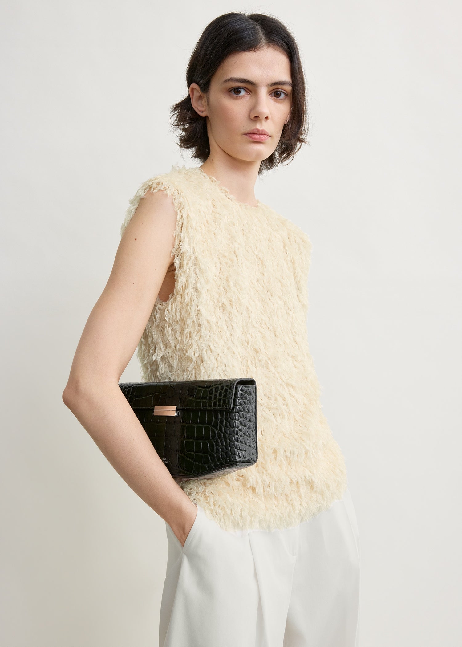 Feathered-jersey top eggshell