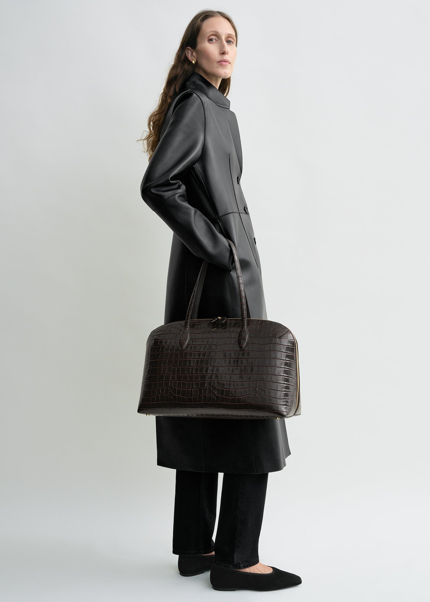 Croco-embossed day tote dark chocolate