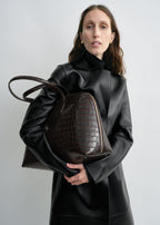 Croco-embossed day tote dark chocolate