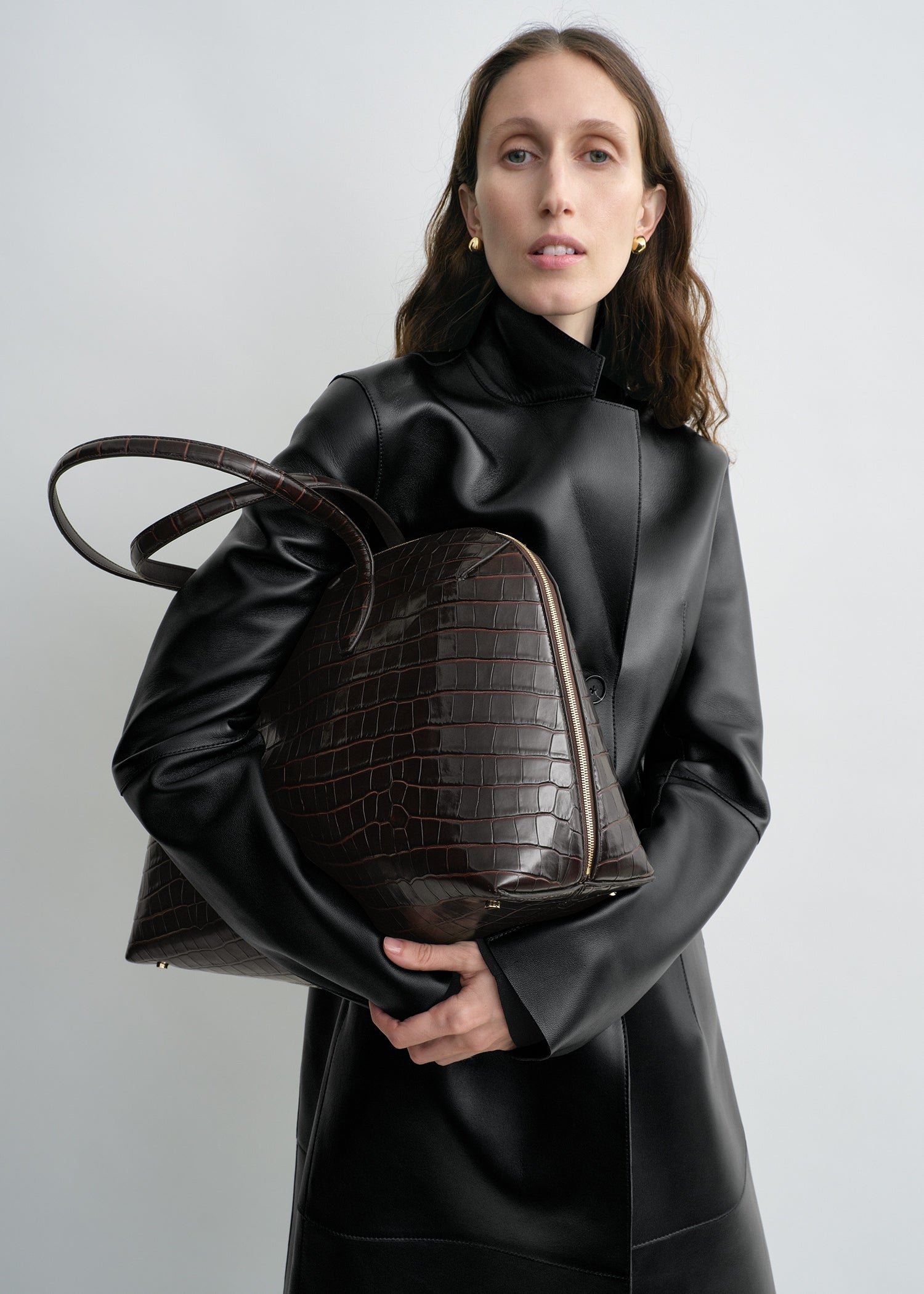 Croco-embossed day tote dark chocolate