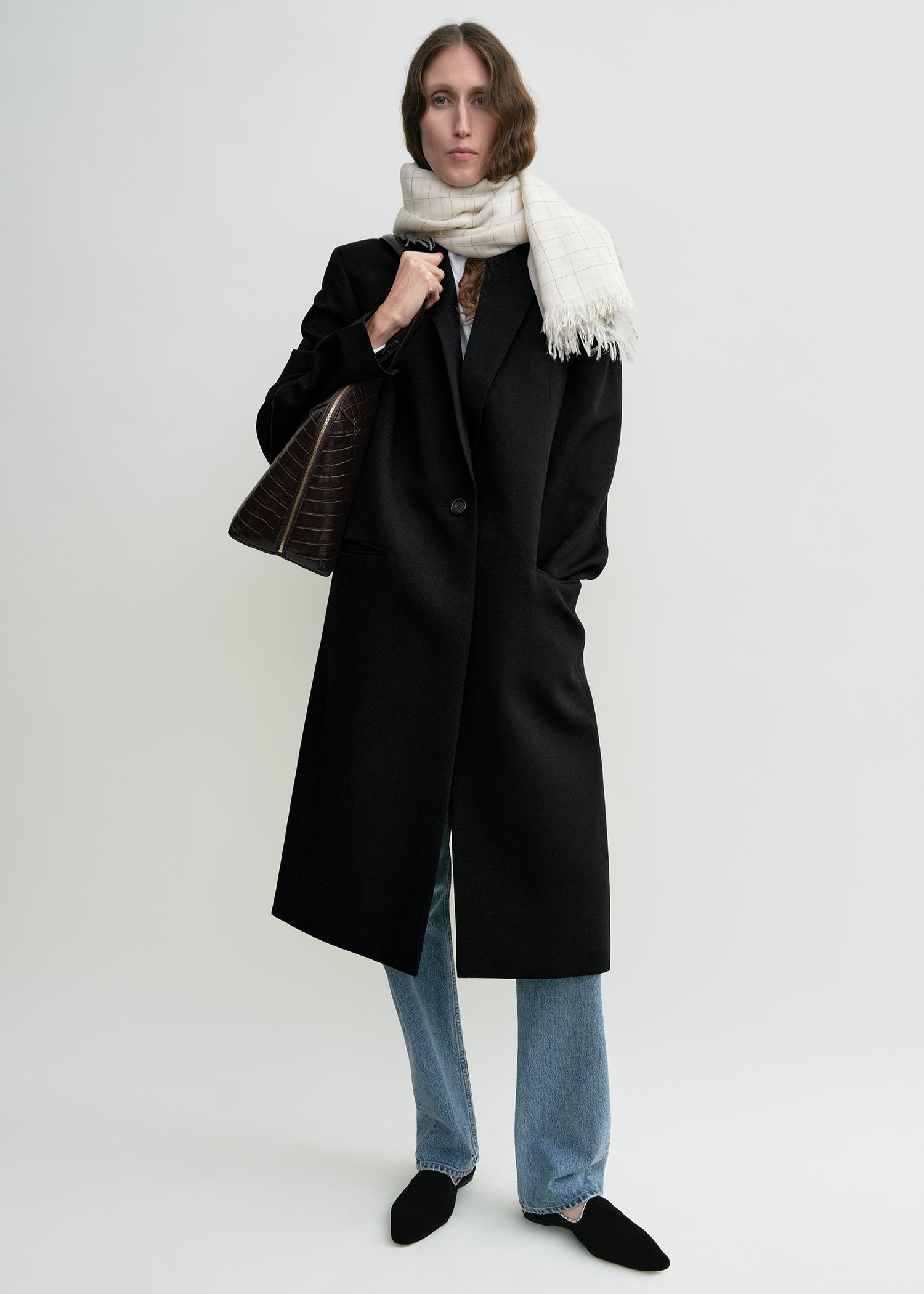 Checked light wool scarf ecru/black