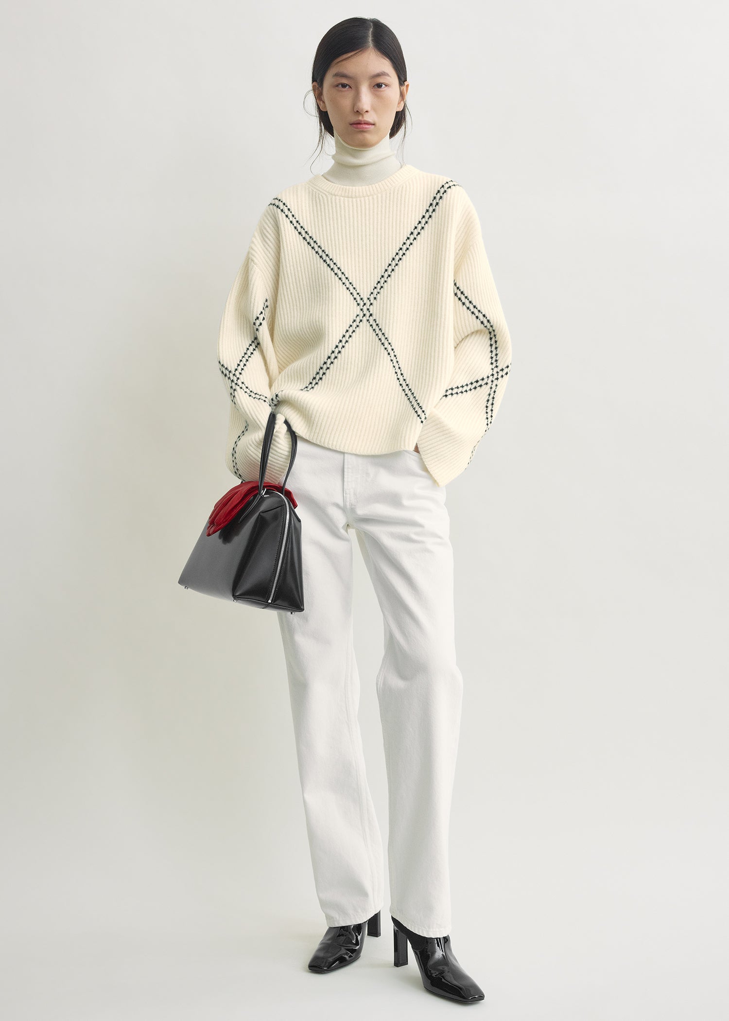 Argyle-stitch cashmere sweater ecru/black