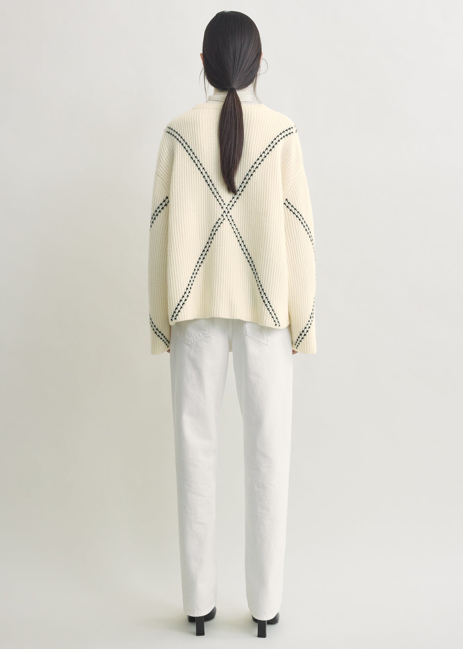 Argyle-stitch cashmere sweater ecru/black