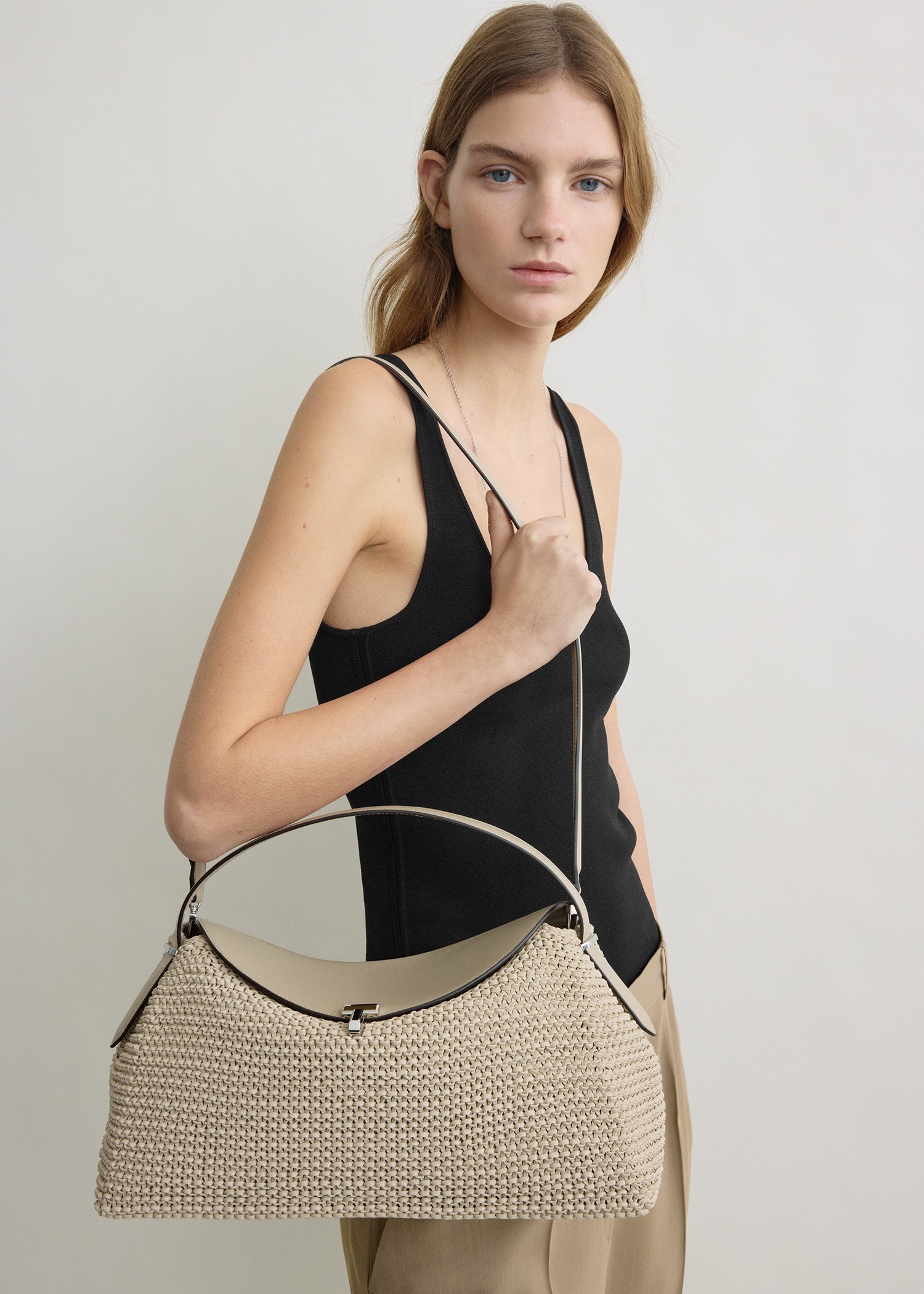 T-lock woven-leather top handle fawn