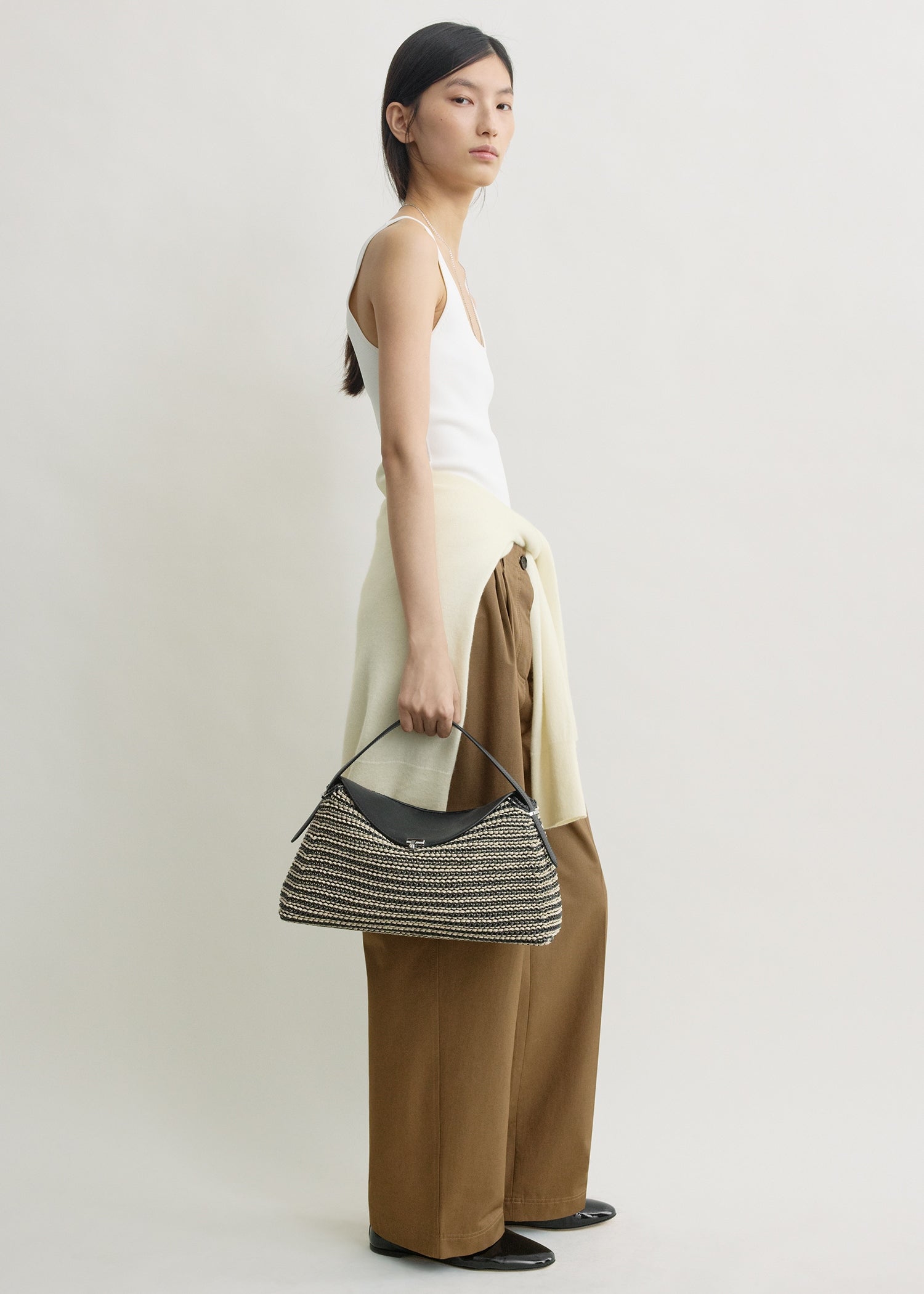 T-lock woven-leather top handle black/sand