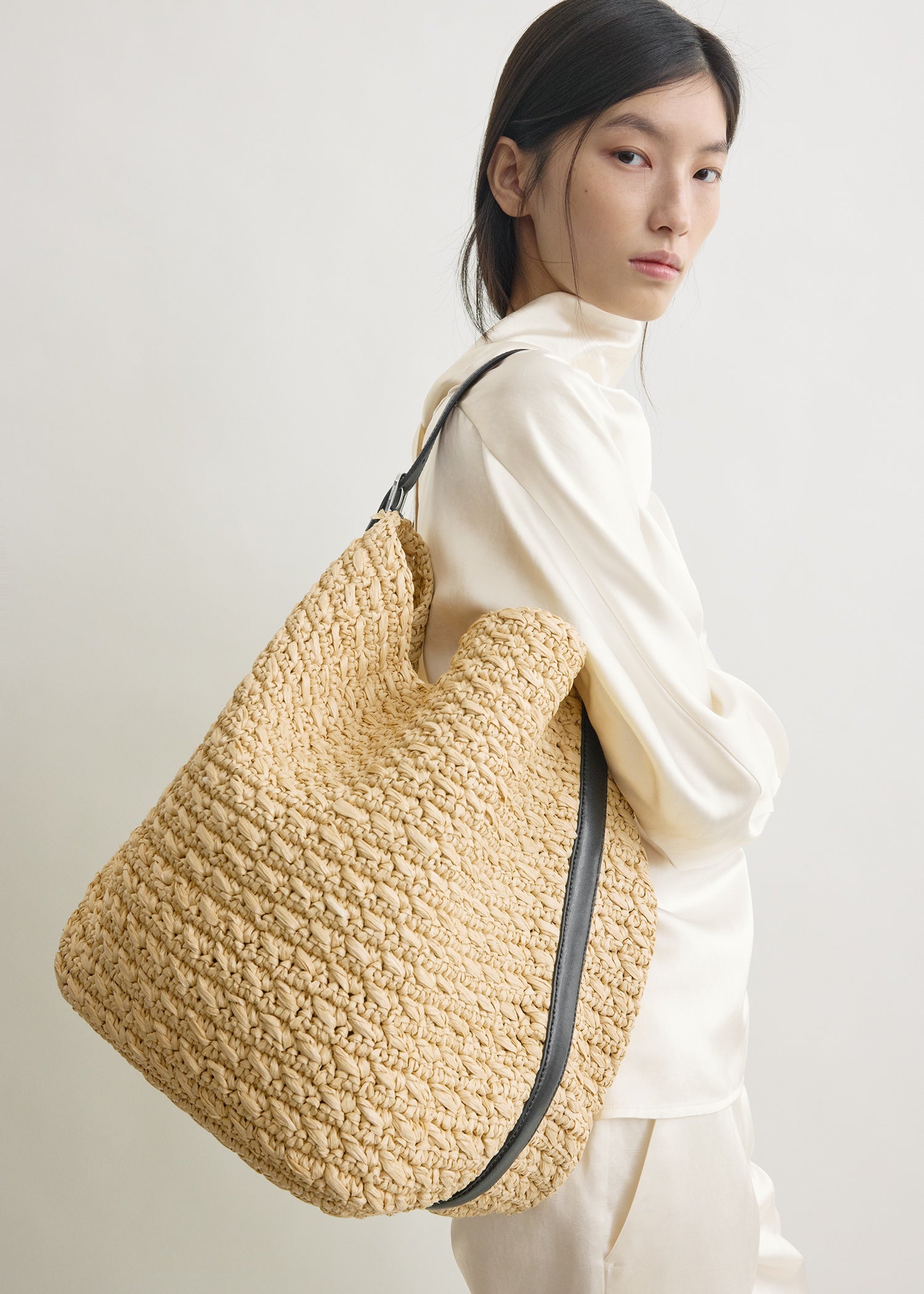 Belted paper raffia tote natural
