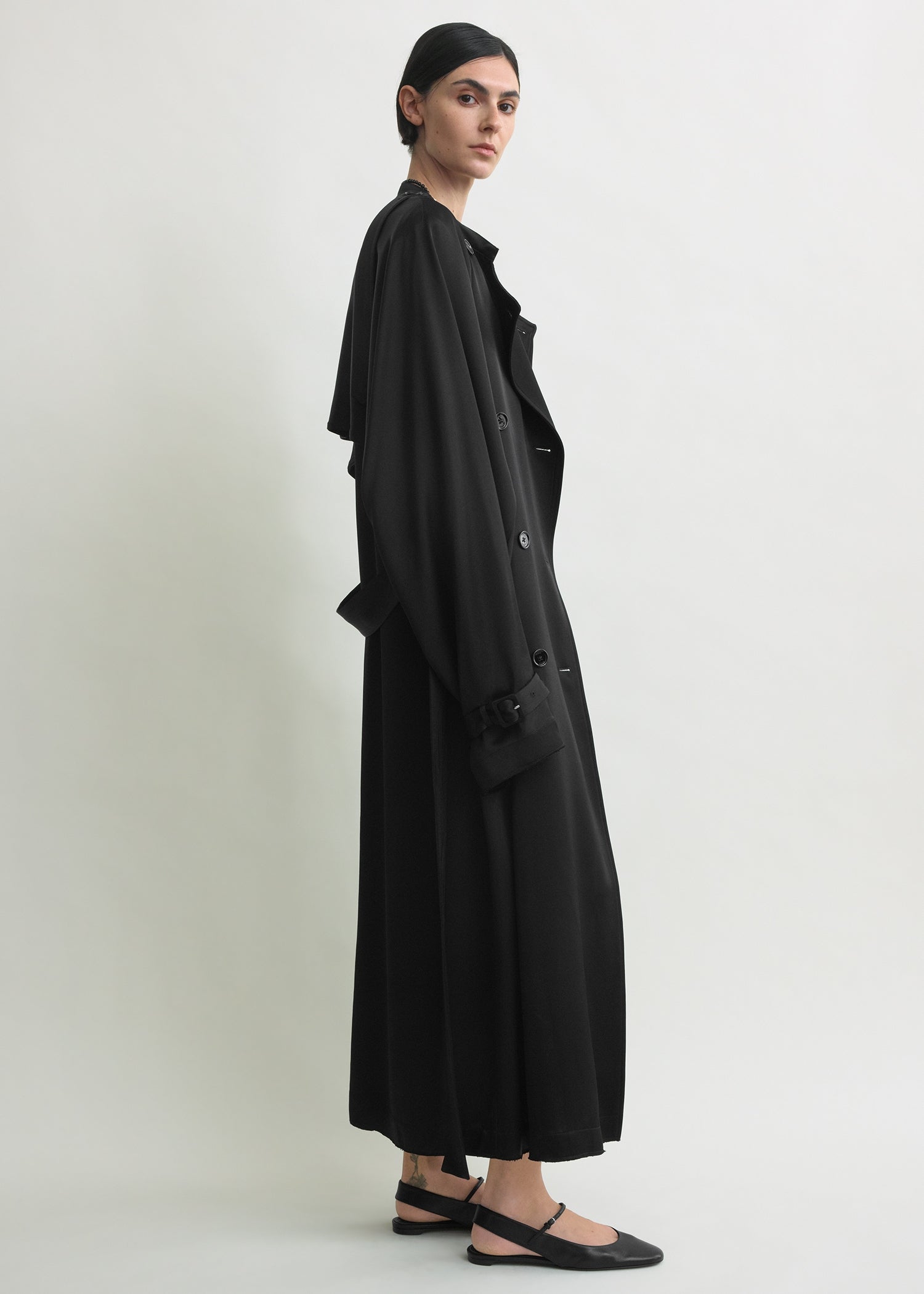 Draped satin trench black