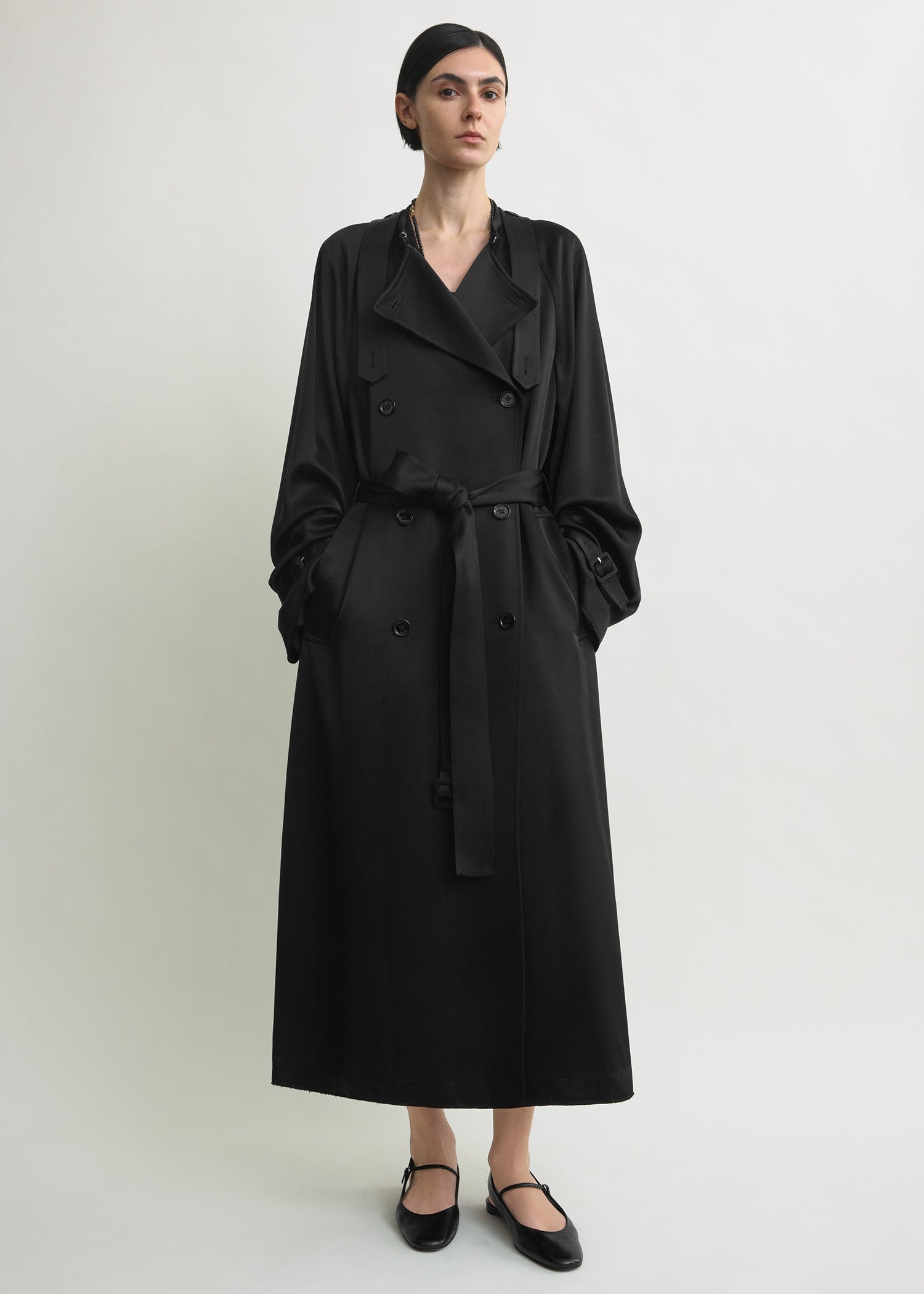 satin trench dress Autumn winter satin swing Hepburn trench coat dress- Oi