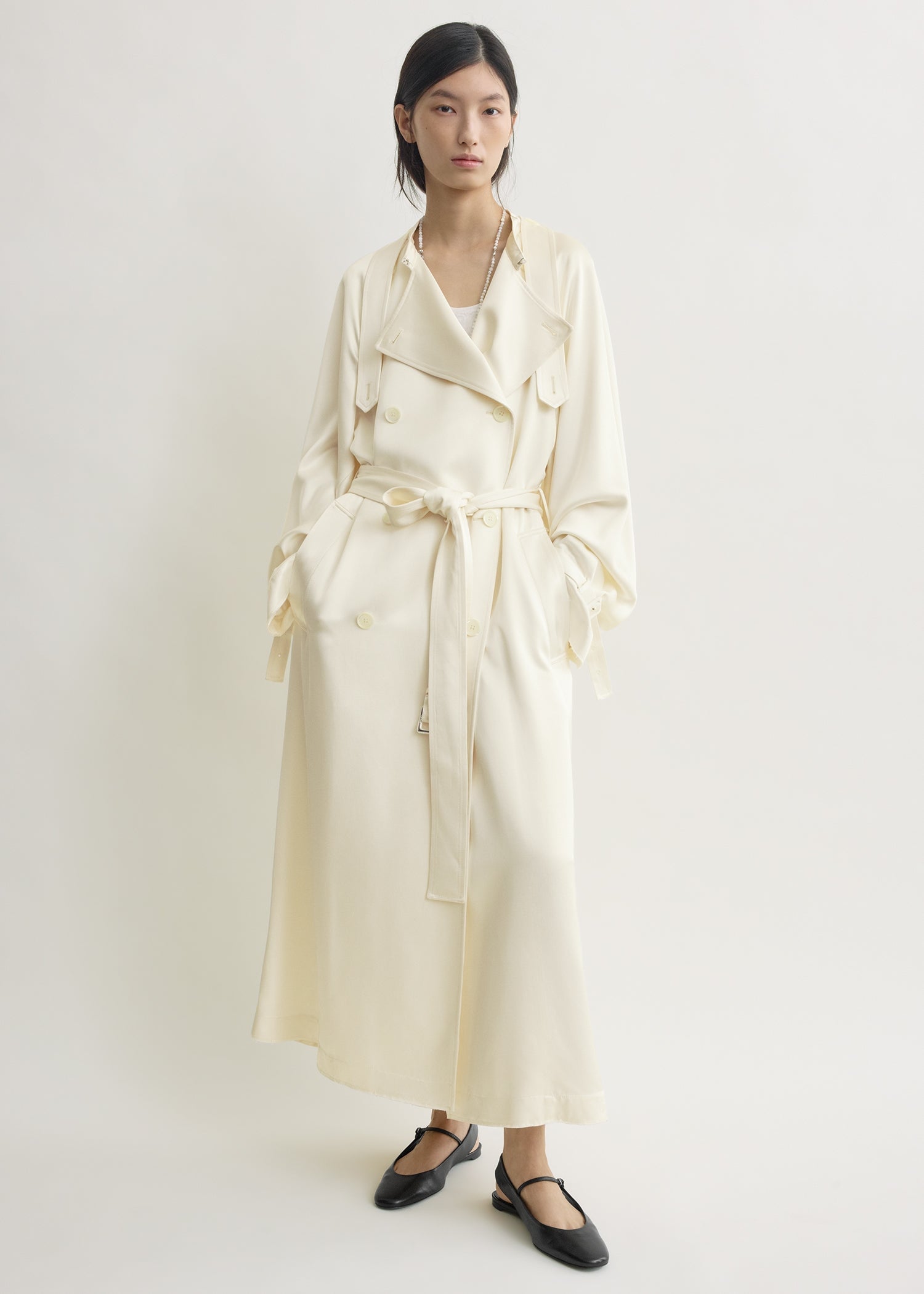 Draped satin trench off-white from Toteme - $2,400