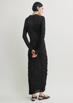 Crinkled knit long-sleeve dress black