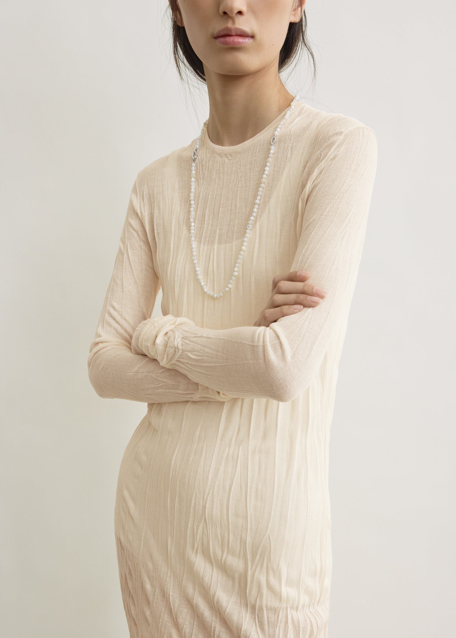 Crinkled knit long-sleeve dress pale apricot