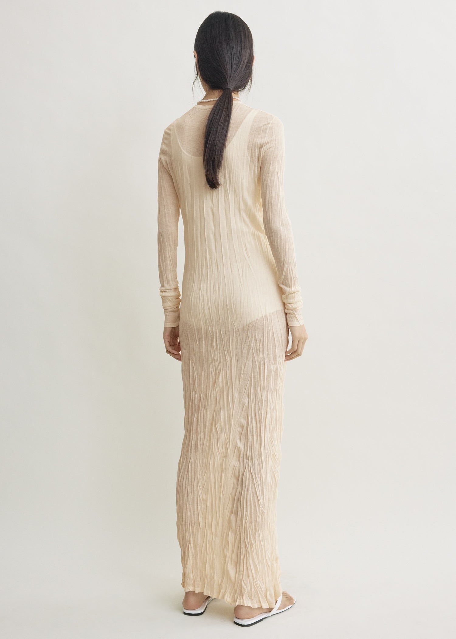 Crinkled knit long-sleeve dress pale apricot