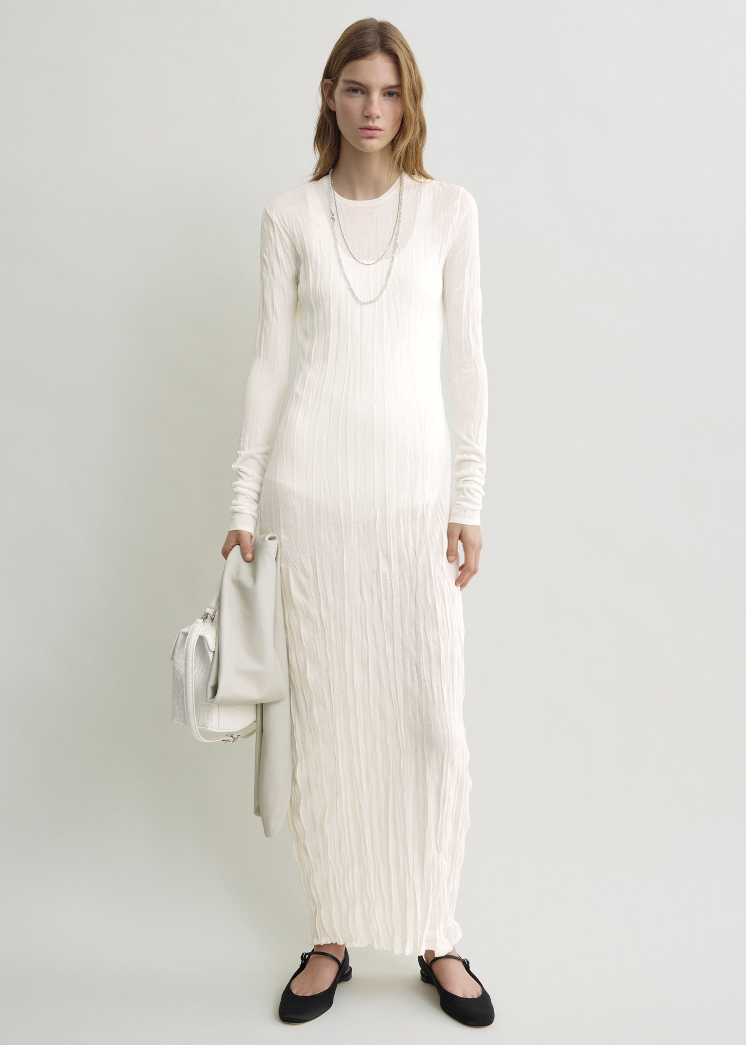 Crinkled knit long-sleeve dress white