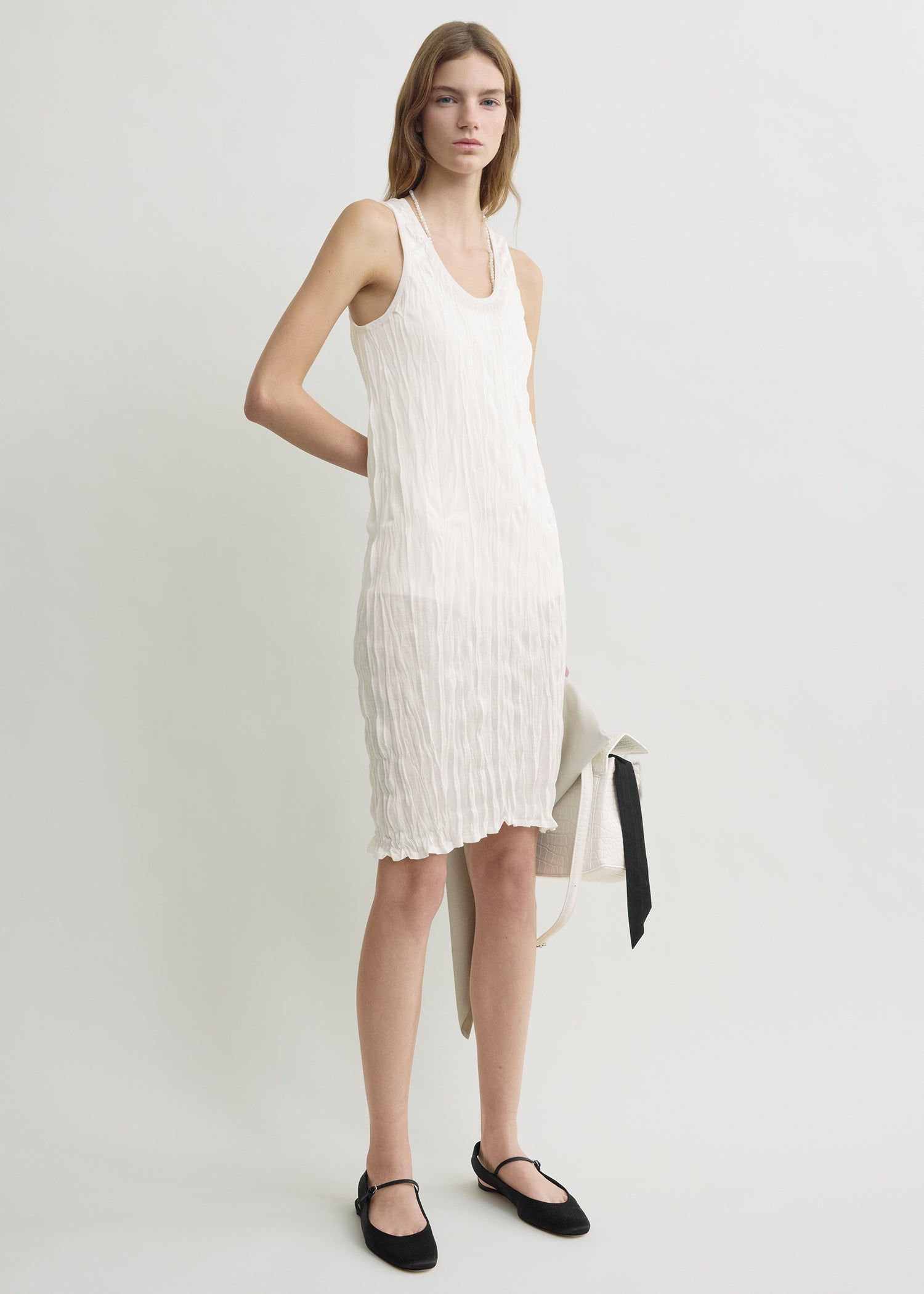 Crinkled knit tank dress white